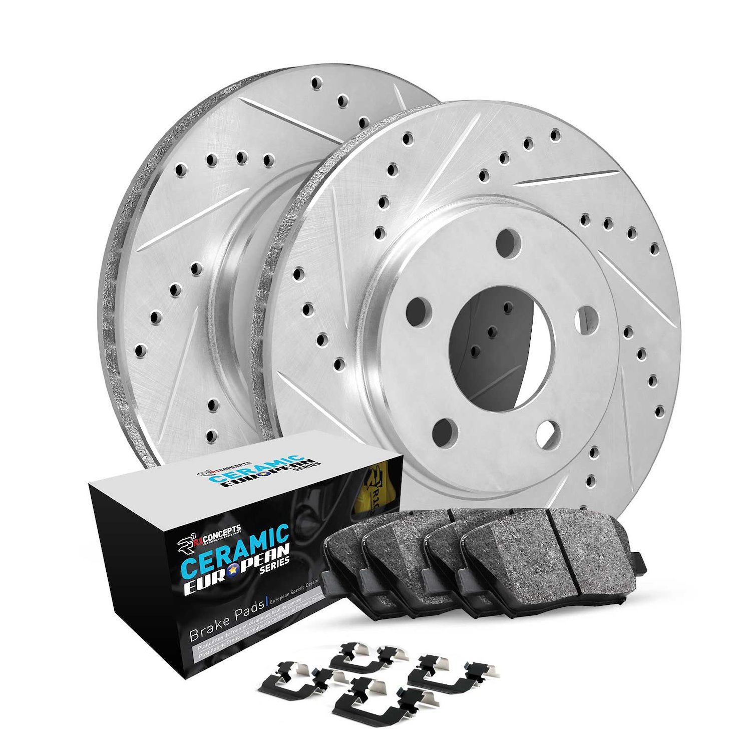 E-Line Drilled & Slotted Silver Brake Rotor Set w/Euro Ceramic Pads & Hardware, 2010-2016 Kia/Hyundai/Genesis, Position: Rear