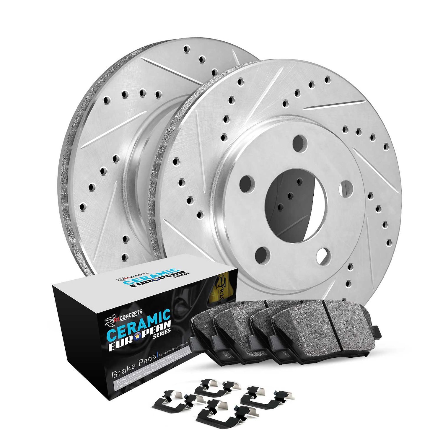 E-Line Drilled & Slotted Silver Brake Rotor Set w/Euro Ceramic Pads & Hardware, 1994-2002 Land Rover, Position: Front