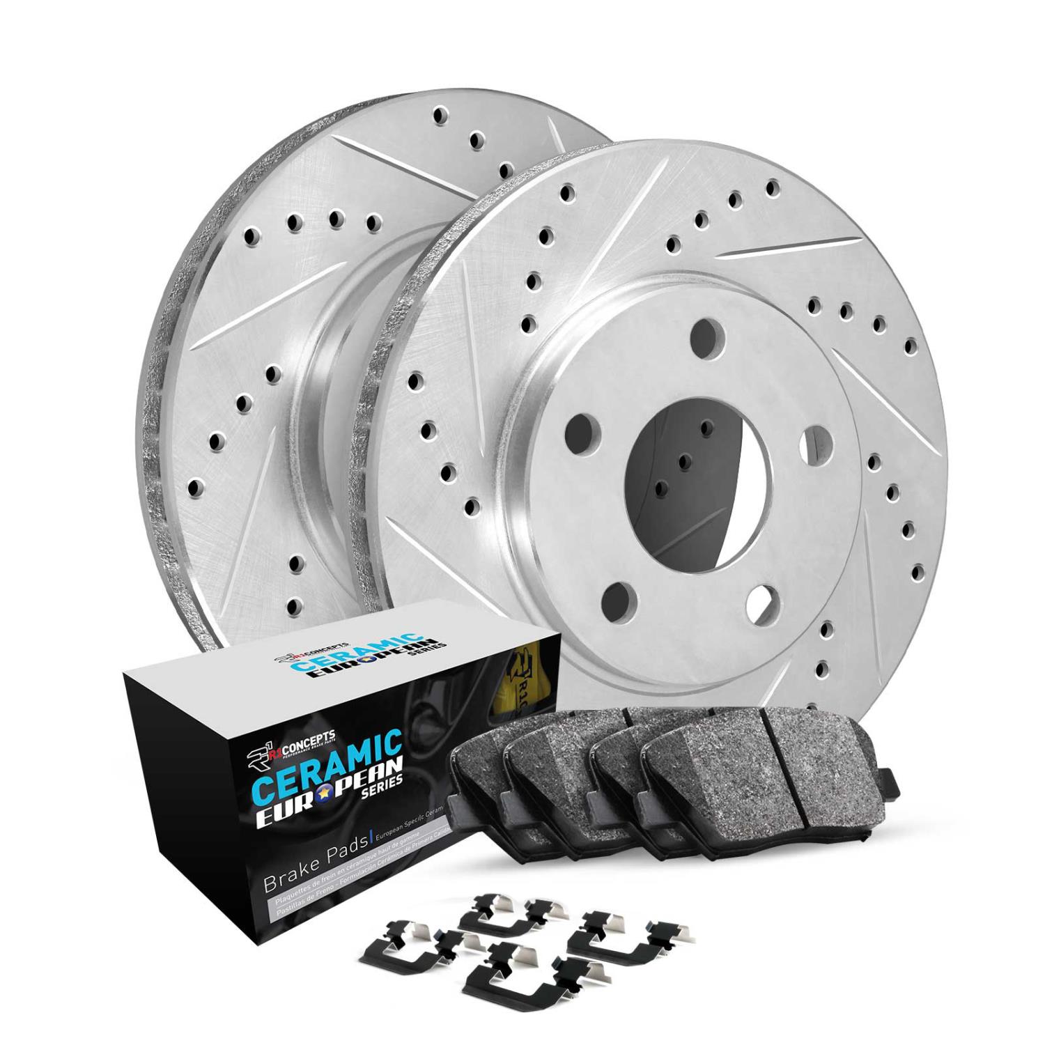 E-Line Drilled & Slotted Silver Brake Rotor Set w/Euro Ceramic Pads & Hardware, 1996-1997 Volvo, Position: Rear