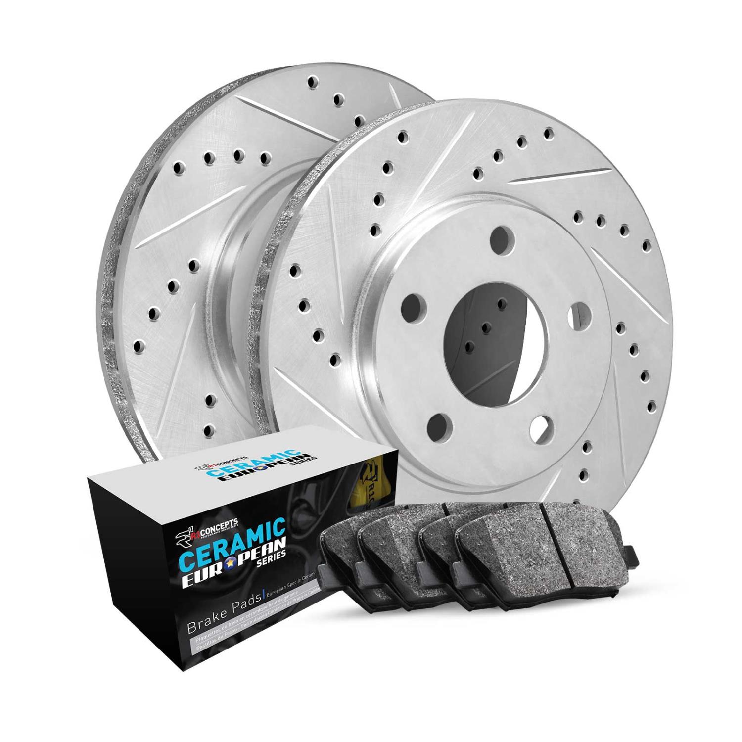 E-Line Drilled & Slotted Silver Brake Rotor Set w/Euro Ceramic Pads, 2012-2019 Mopar, Position: Front