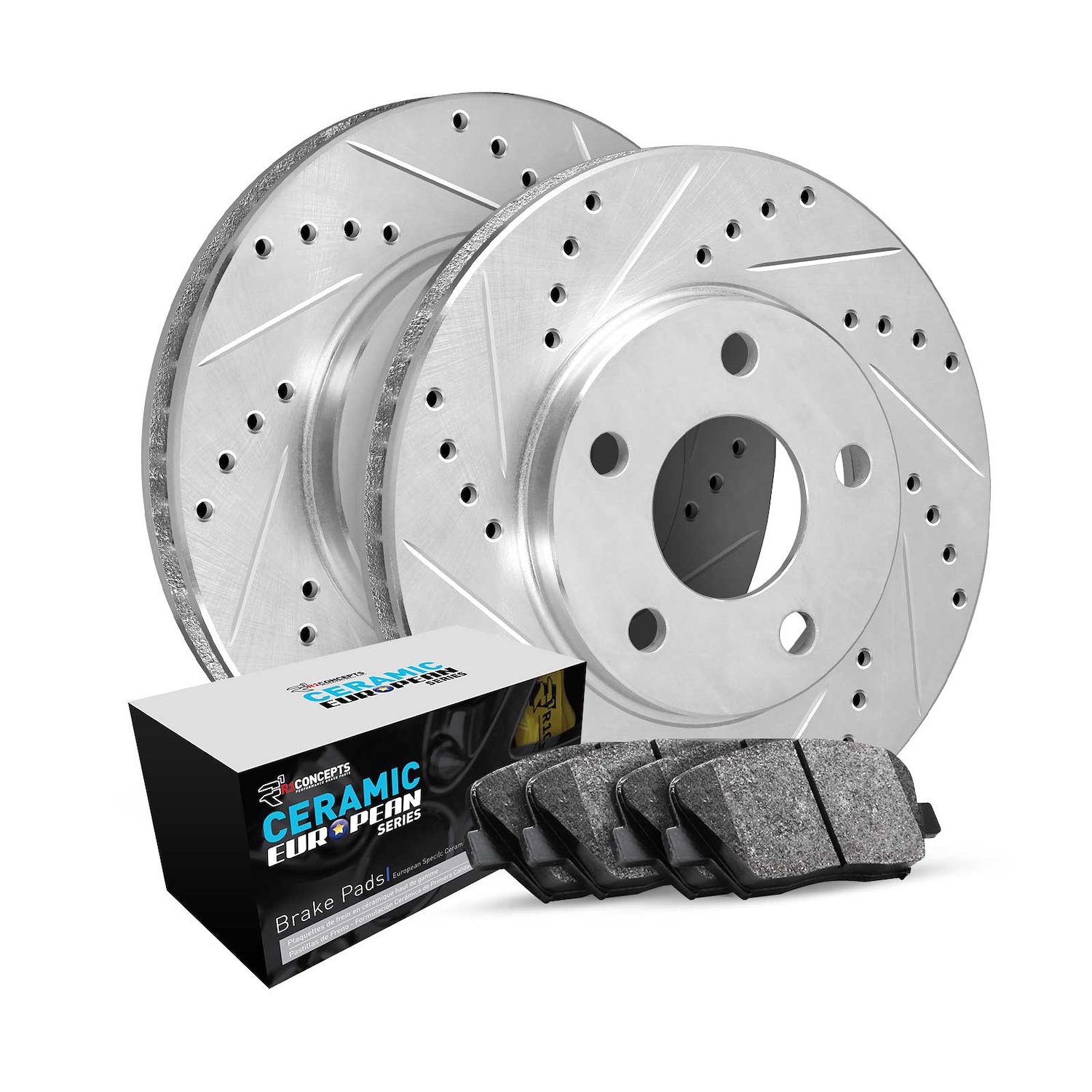 E-Line Drilled & Slotted Silver Brake Rotor Set w/Euro Ceramic Pads, 2014-2021 Mini, Position: Front