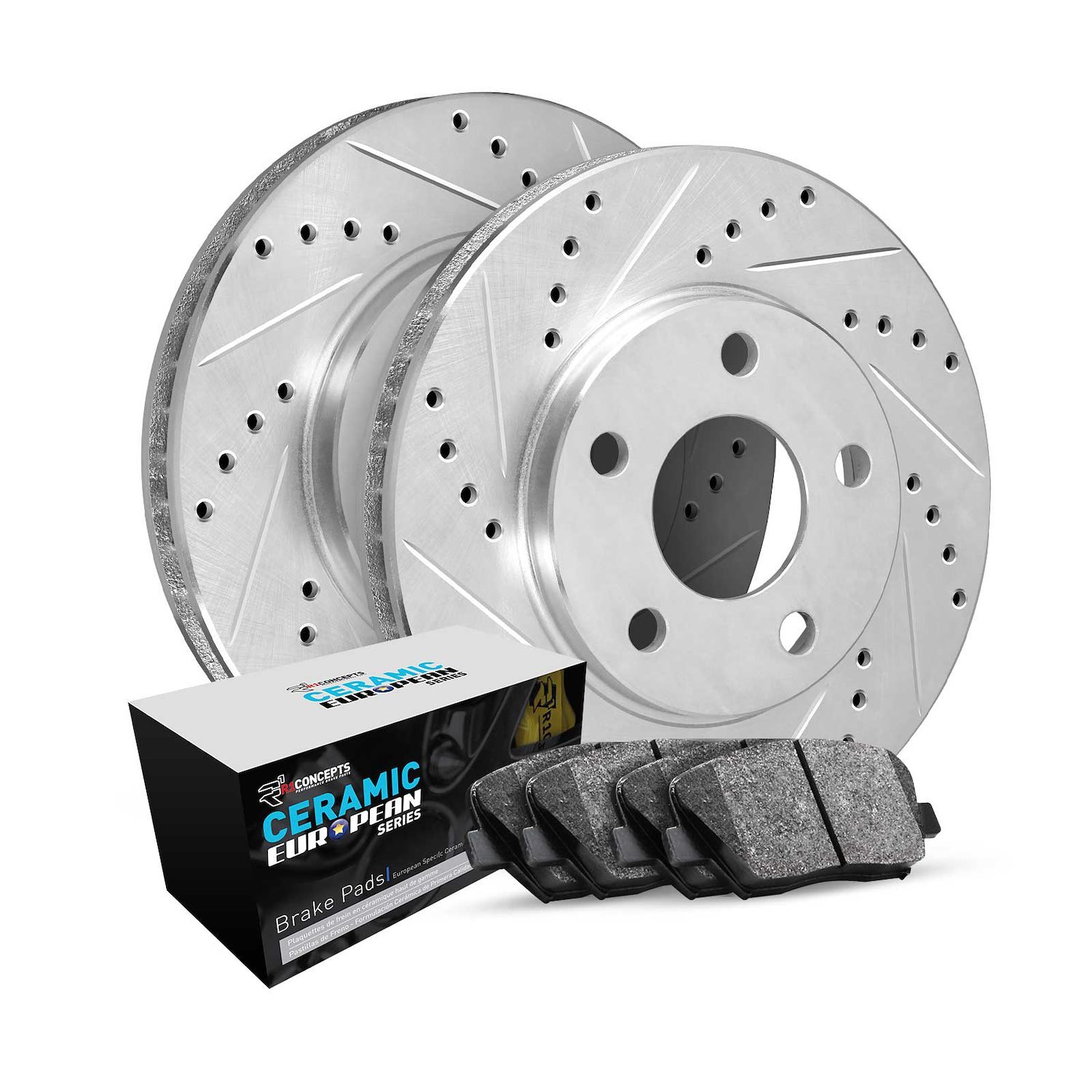 E-Line Drilled & Slotted Silver Brake Rotor Set w/Euro Ceramic Pads, 2005-2021 Mopar, Position: Front