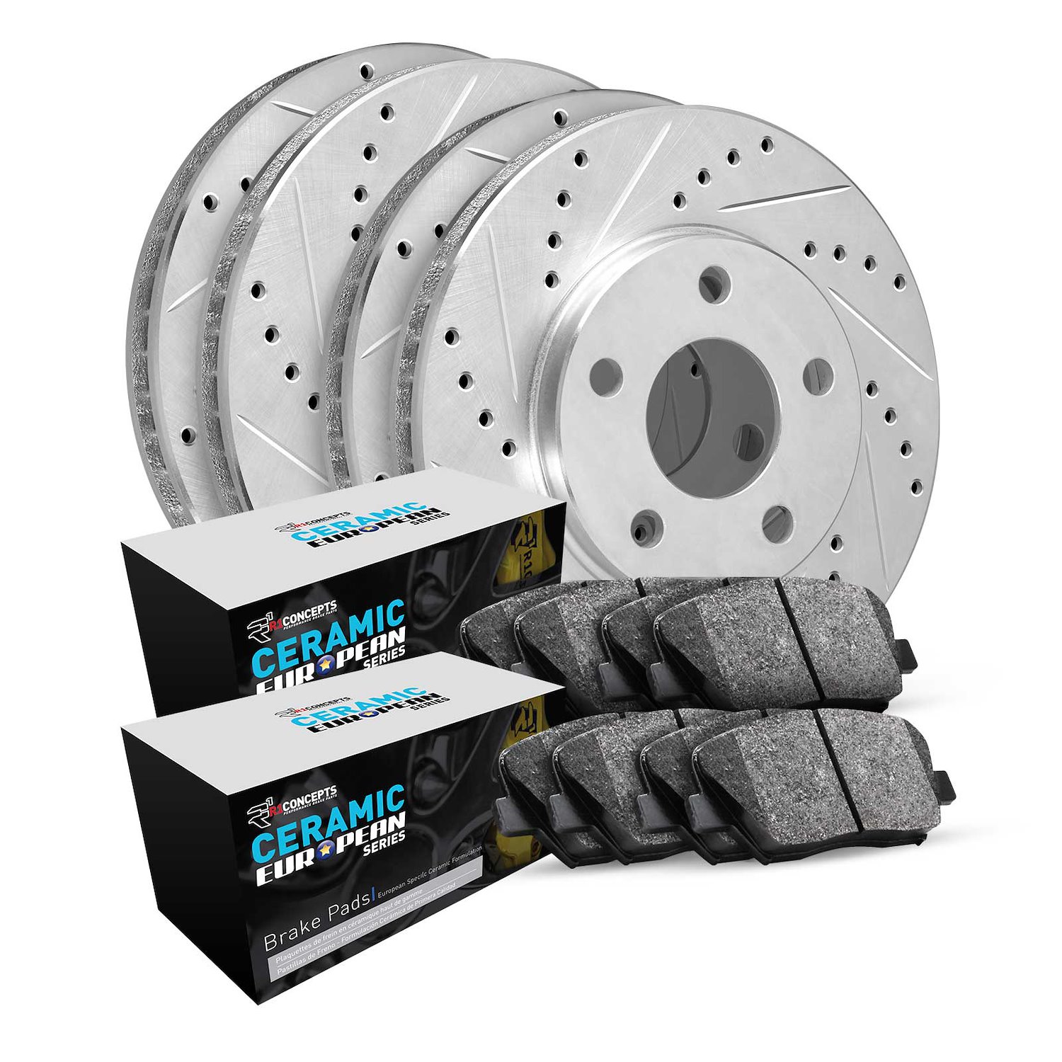 E-Line Drilled & Slotted Silver Brake Rotor Set w/Euro Ceramic Pads, 2003-2005 Jaguar, Position: Front & Rear