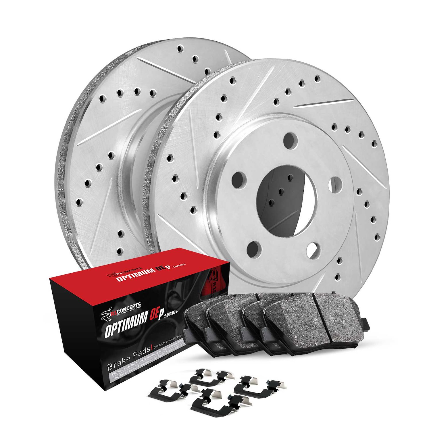 E-Line Drilled & Slotted Silver Brake Rotor Set w/Optimum OE Pads & Hardware, 1998-2003 Jaguar, Position: Front