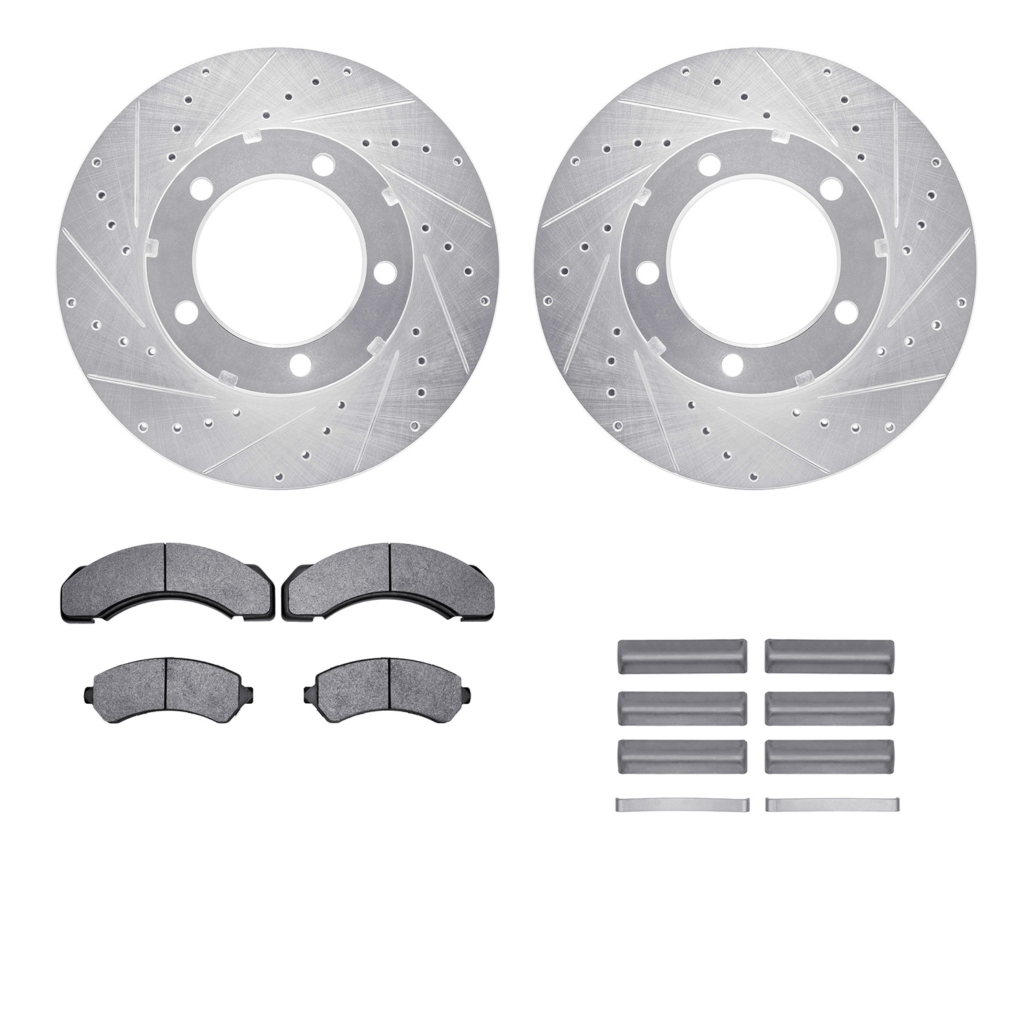 E-Line Drilled & Slotted Silver Brake Rotor Set w/Optimum OE Pads & Hardware, 1994-2000 GM, Position: Front