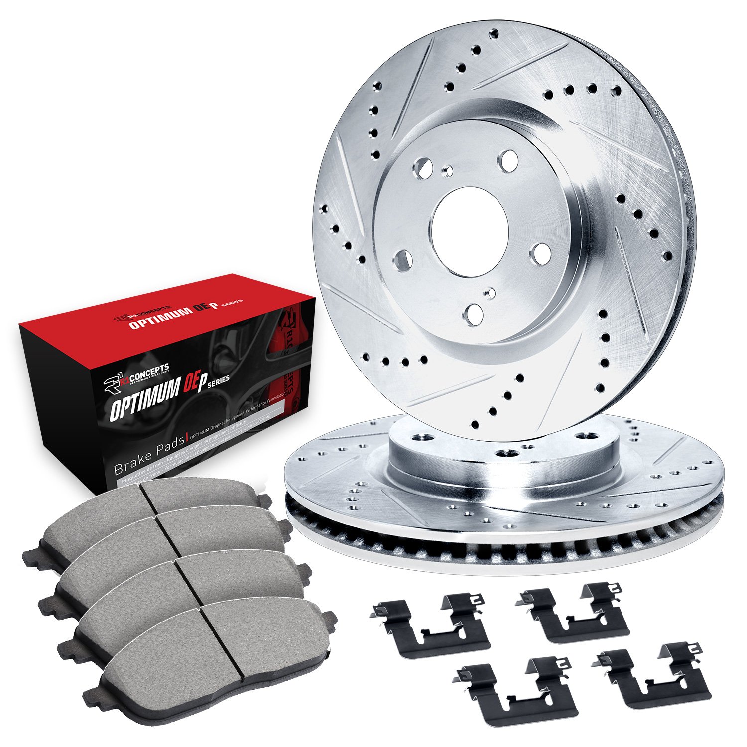 E-Line Drilled & Slotted Silver Brake Rotor Set w/Optimum OE Pads & Hardware, 1990-1991 Ford/Lincoln/Mercury/Mazda