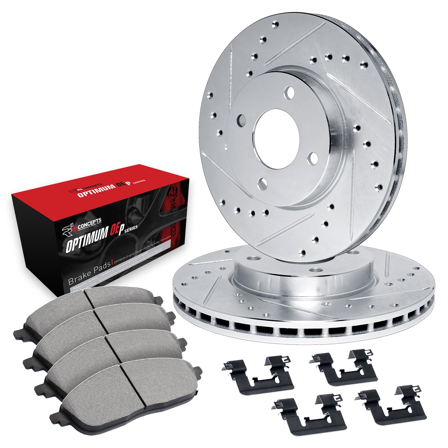 E-Line Drilled & Slotted Silver Brake Rotor Set w/Optimum OE Pads & Hardware, 1984-1985 Infiniti/Nissan, Position: Front