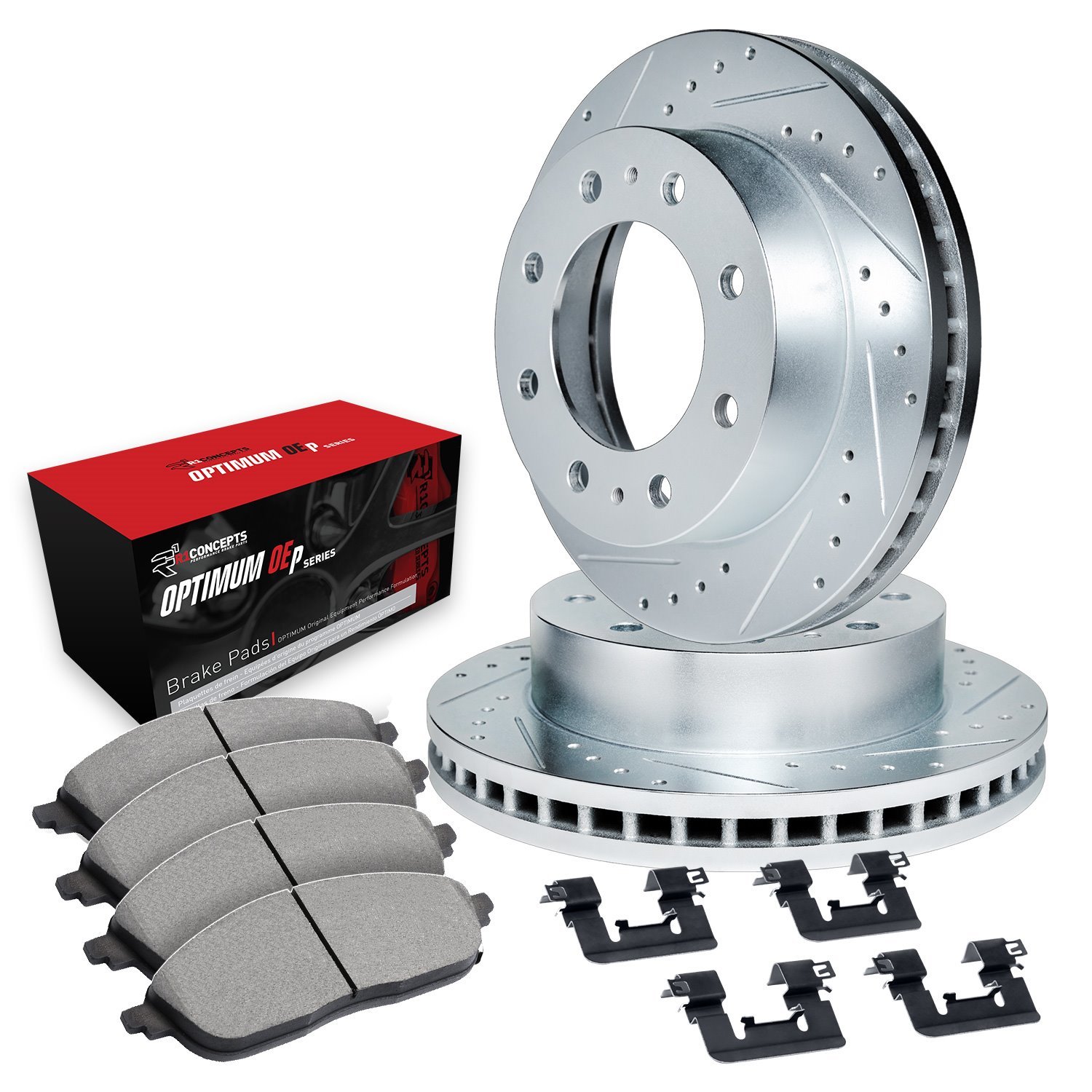 E-Line Drilled & Slotted Silver Brake Rotor Set w/Optimum OE Pads & Hardware, 1999-1999 Ford/Lincoln/Mercury/Mazda