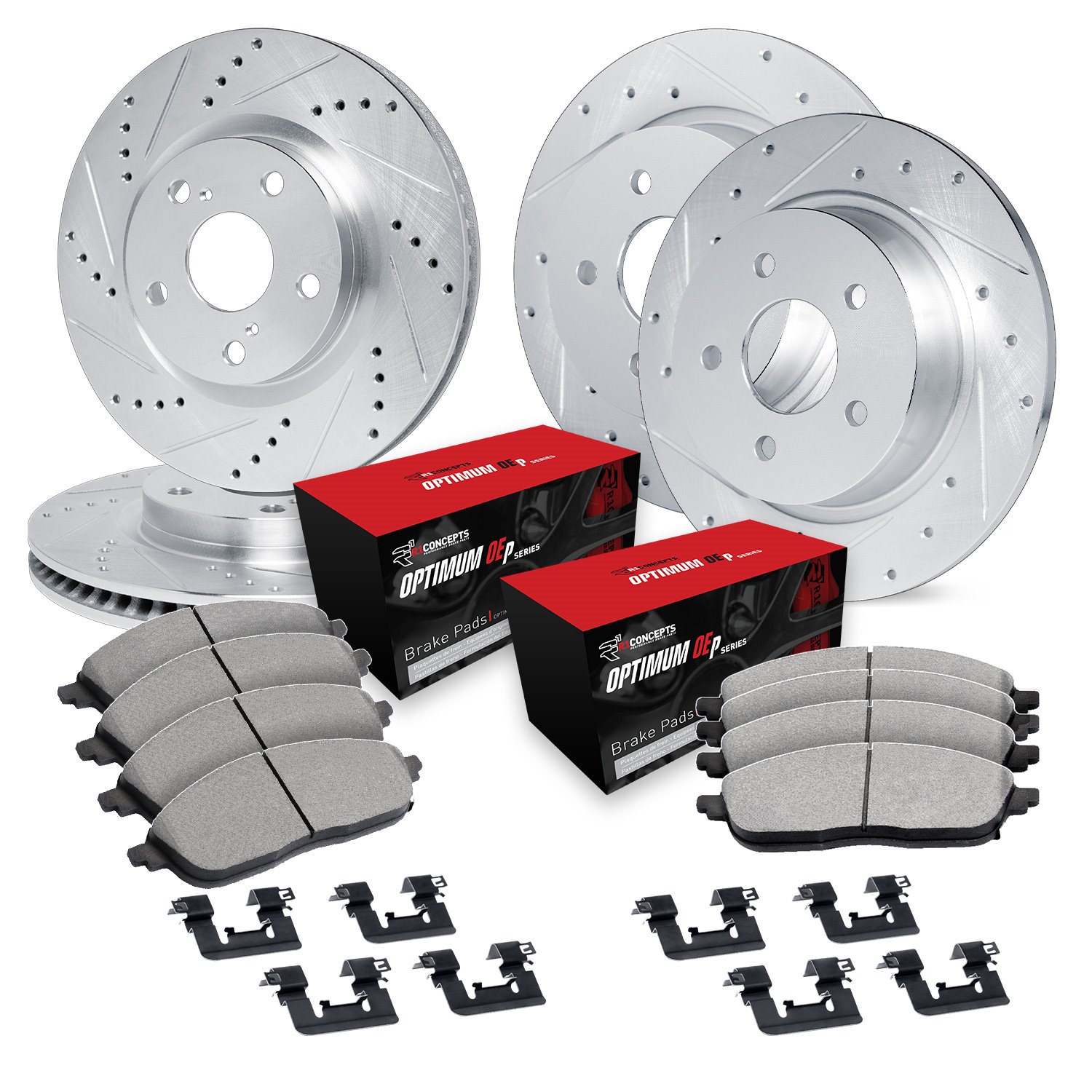 E-Line Drilled & Slotted Silver Brake Rotor Set w/Optimum OE Pads & Hardware, 2018-2020 Kia/Hyundai/Genesis