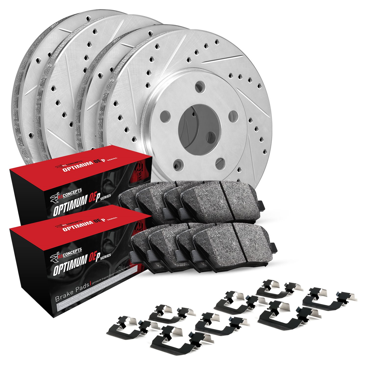 E-Line Drilled & Slotted Silver Brake Rotor Set w/Optimum OE Pads & Hardware, 2003-2005 Jaguar, Position: Front & Rear