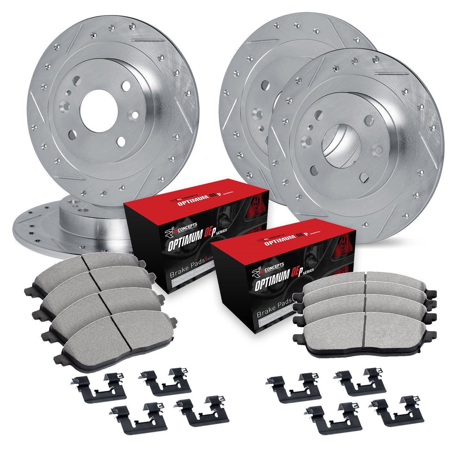 E-Line Drilled & Slotted Silver Brake Rotor Set w/Optimum OE Pads & Hardware, 1980-1981 Peugeot, Position: Front & Rear