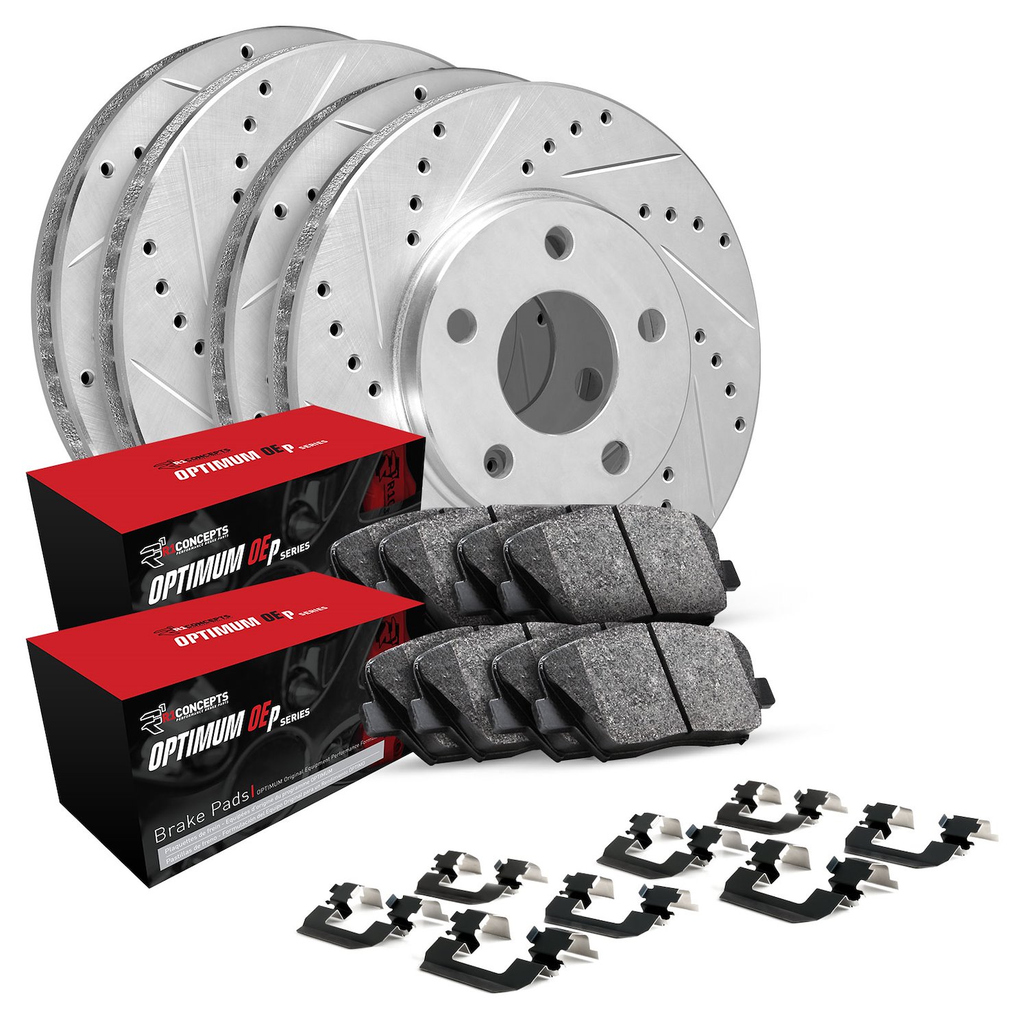 E-Line Drilled & Slotted Silver Brake Rotor Set w/Optimum OE Pads & Hardware, 2002-2006 Fits Multiple Makes/Models