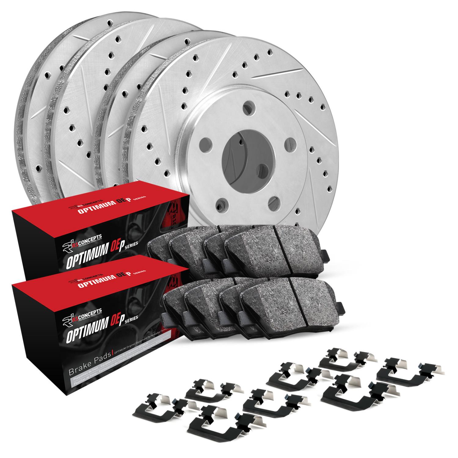 E-Line Drilled & Slotted Silver Brake Rotor Set w/Optimum OE Pads & Hardware, 2015-2020 GM, Position: Front & Rear