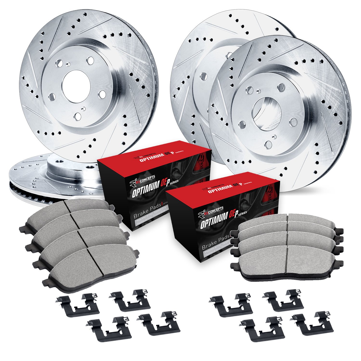 E-Line Drilled & Slotted Silver Rotors w/5000 OEP Pads & Hardware, 2013-2019 Ford/Lincoln/Mercury/Mazda, Position: Front & Rear