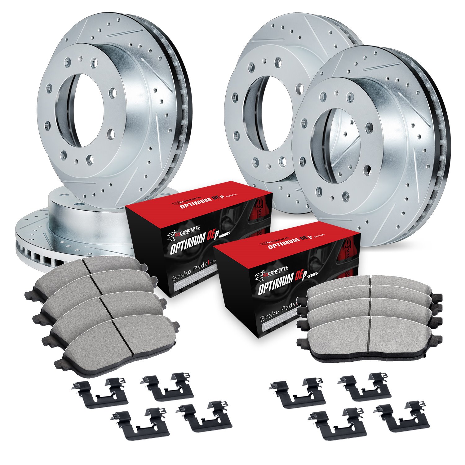 E-Line Drilled & Slotted Silver Brake Rotor Set w/Optimum OE Pads & Hardware, 1999-2000 Ford/Lincoln/Mercury/Mazda