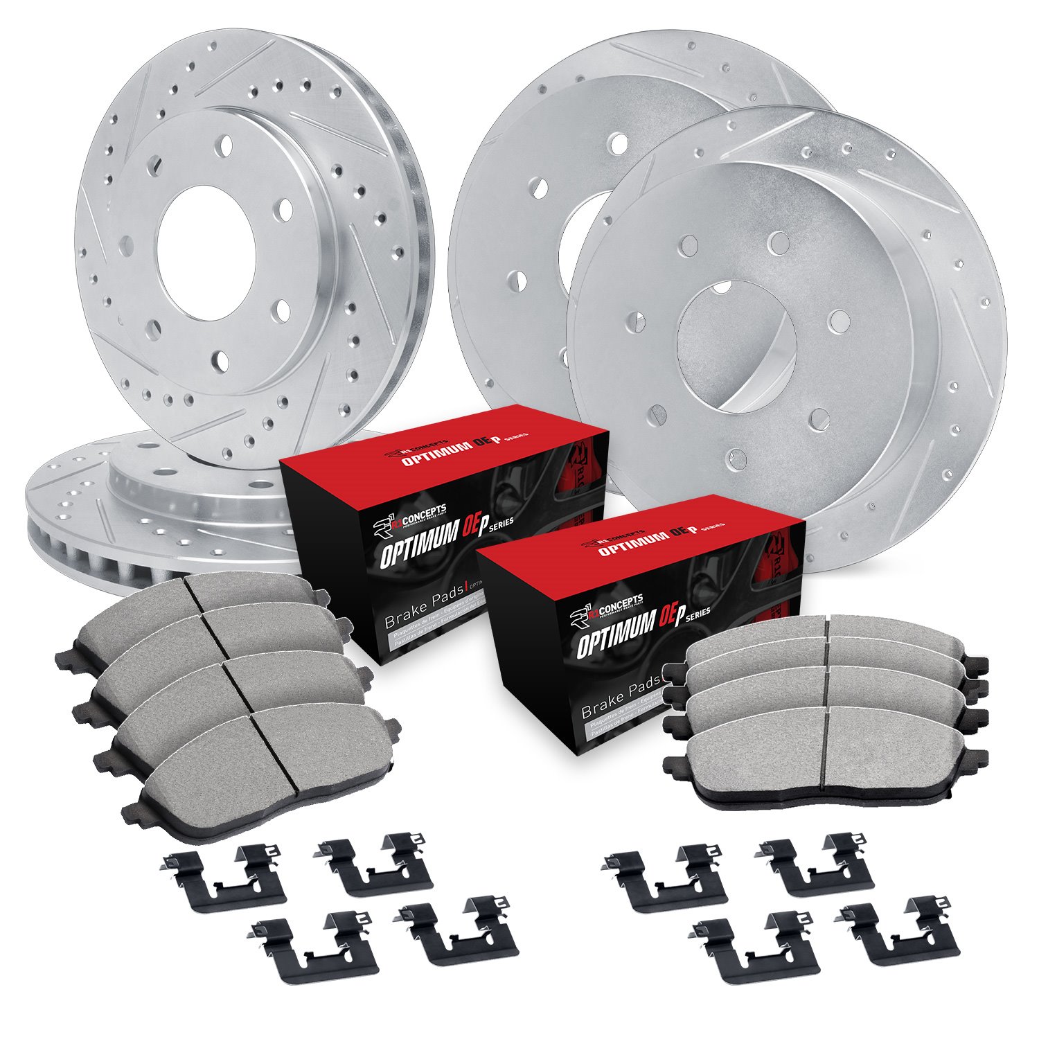 E-Line Drilled & Slotted Silver Brake Rotor Set w/Optimum OE Pads & Hardware, 1997-2002 Ford/Lincoln/Mercury/Mazda