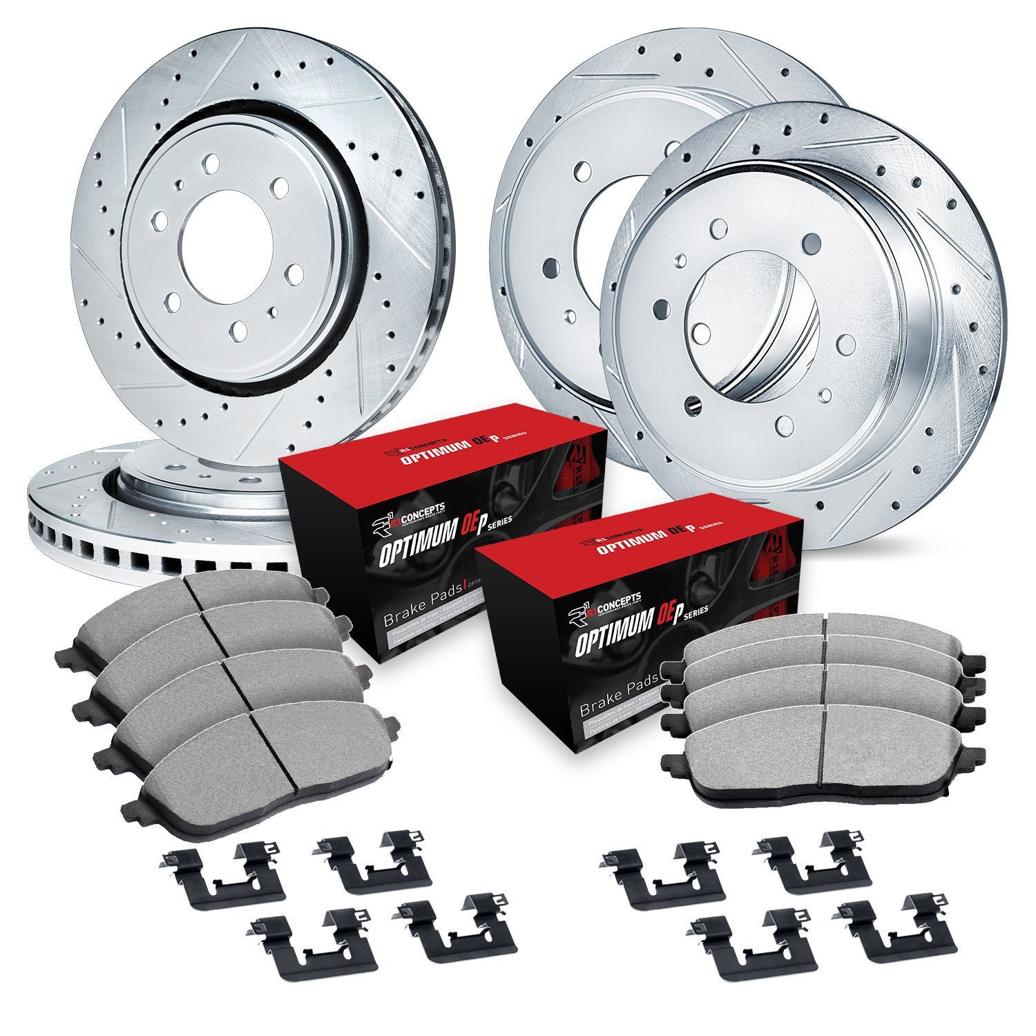 E-Line Drilled & Slotted Silver Brake Rotor Set w/Optimum OE Pads & Hardware, 1998-2000 Mitsubishi, Position: Front & Rear