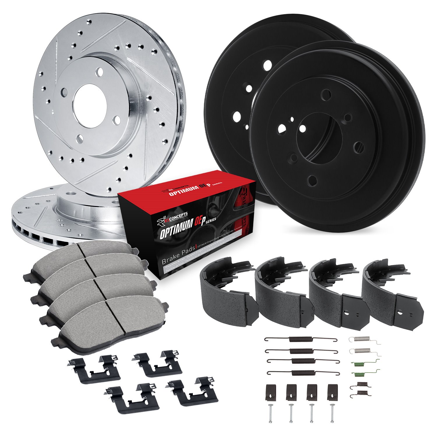 E-Line Drilled & Slotted Silver Rotor & Drum Set w/Optimum OE Pads, Shoes, & Hardware, 1982-1983 Audi/Porsche/Volkswagen