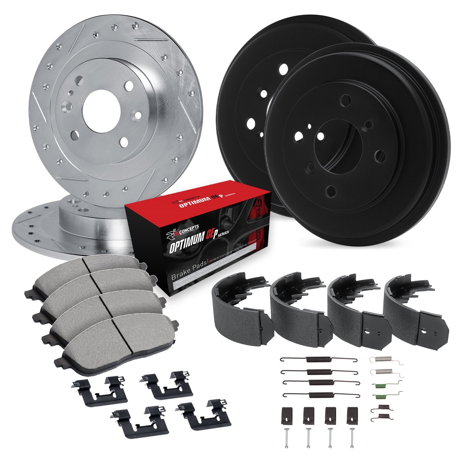 E-Line Drilled & Slotted Silver Rotor & Drum Set w/Optimum OE Pads, Shoes, & Hardware, 1982-1983 Audi/Porsche/Volkswagen