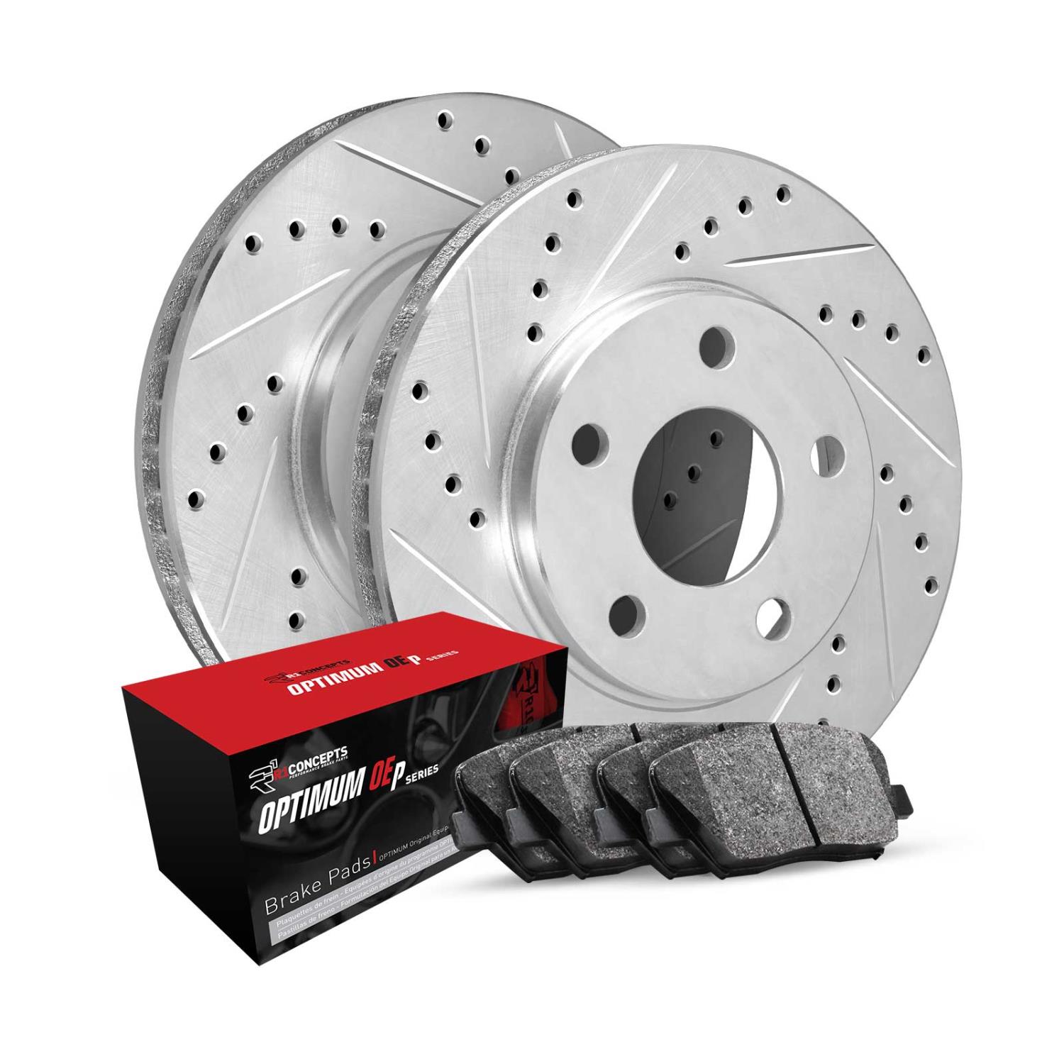 E-Line Drilled & Slotted Silver Brake Rotor Set w/Optimum OE Pads, 2015-2018 Audi/Porsche/Volkswagen, Position: Rear