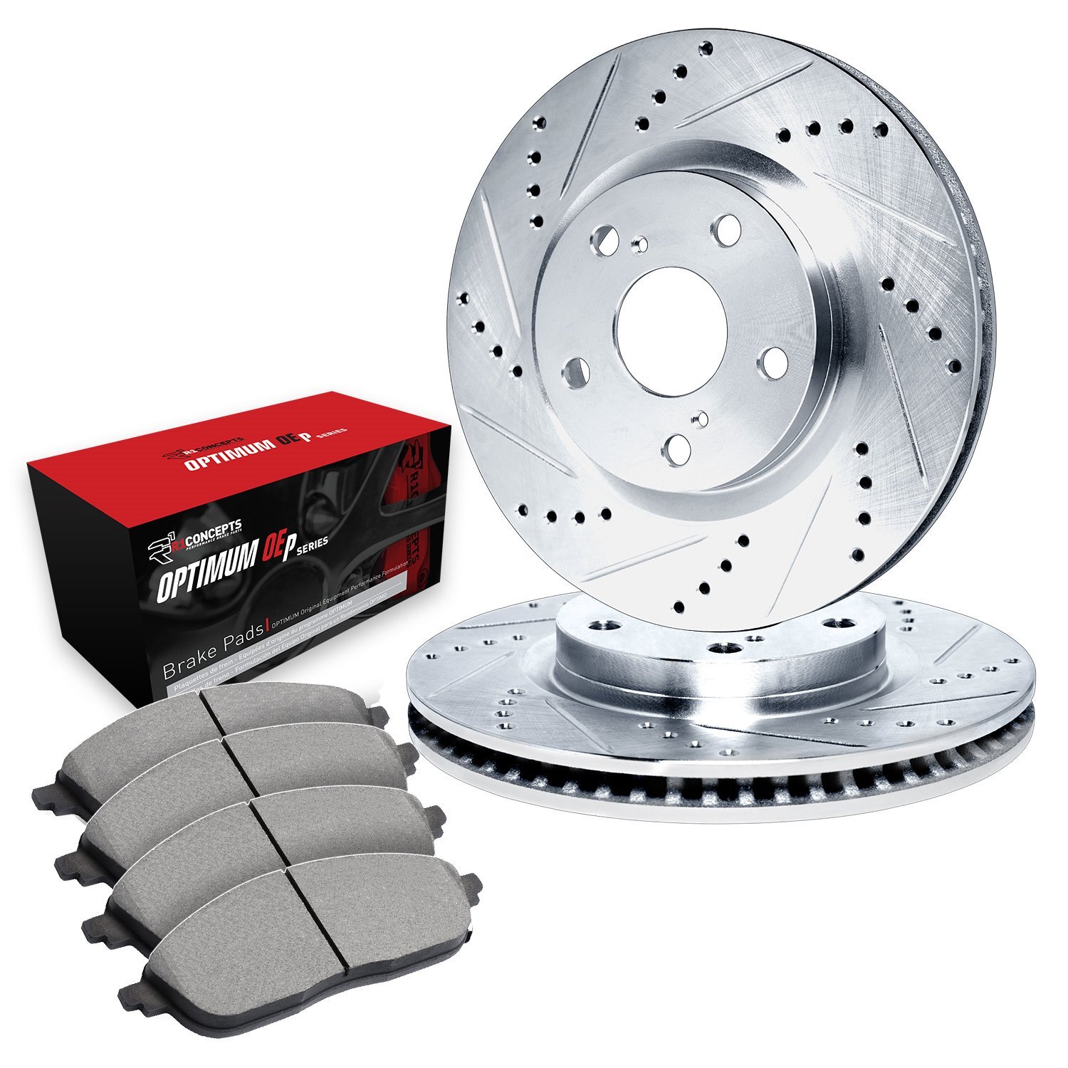 E-Line Drilled & Slotted Silver Brake Rotor Set w/Optimum OE Pads, 2008-2008 Audi/Porsche/Volkswagen, Position: Front