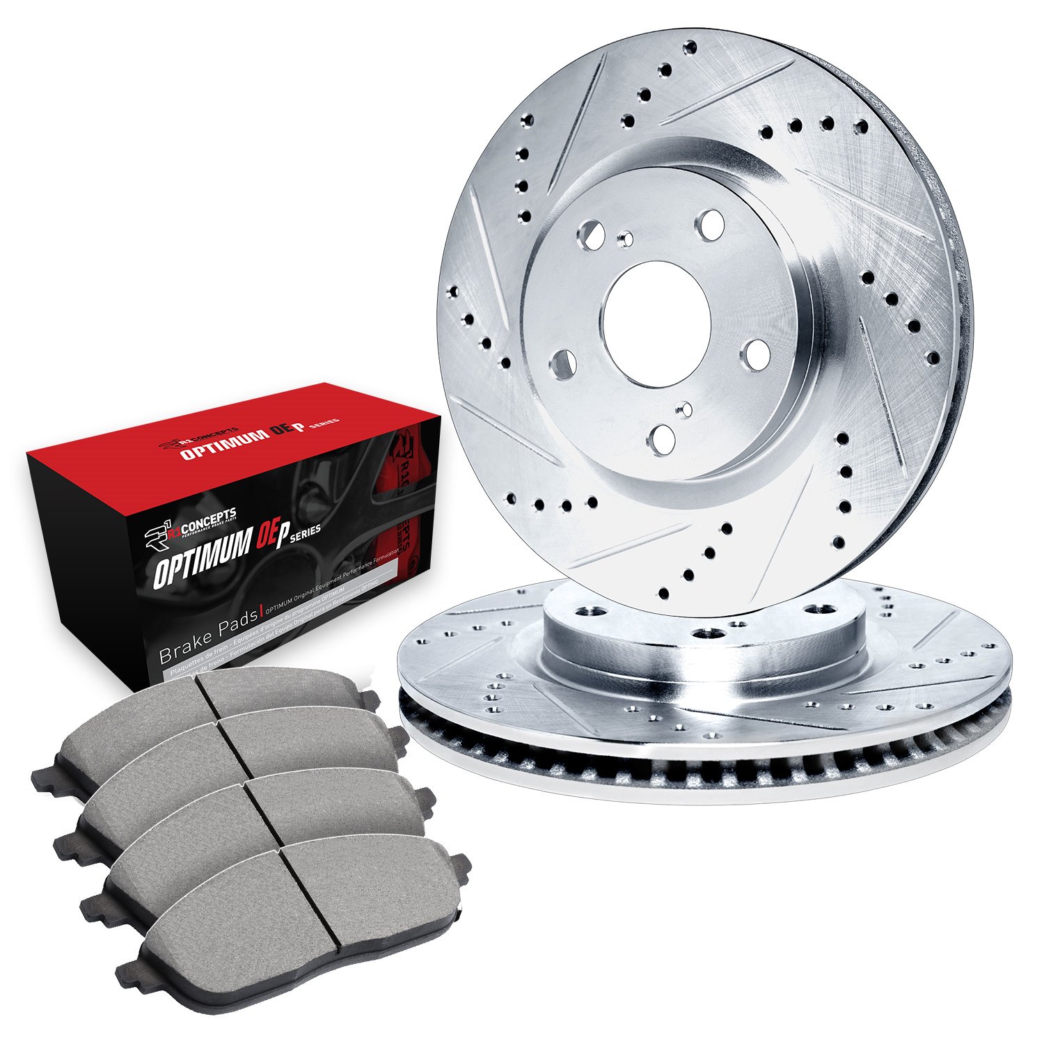 E-Line Drilled & Slotted Silver Brake Rotor Set w/Optimum OE Pads, 1990-1991 Ford/Lincoln/Mercury/Mazda, Position: Front