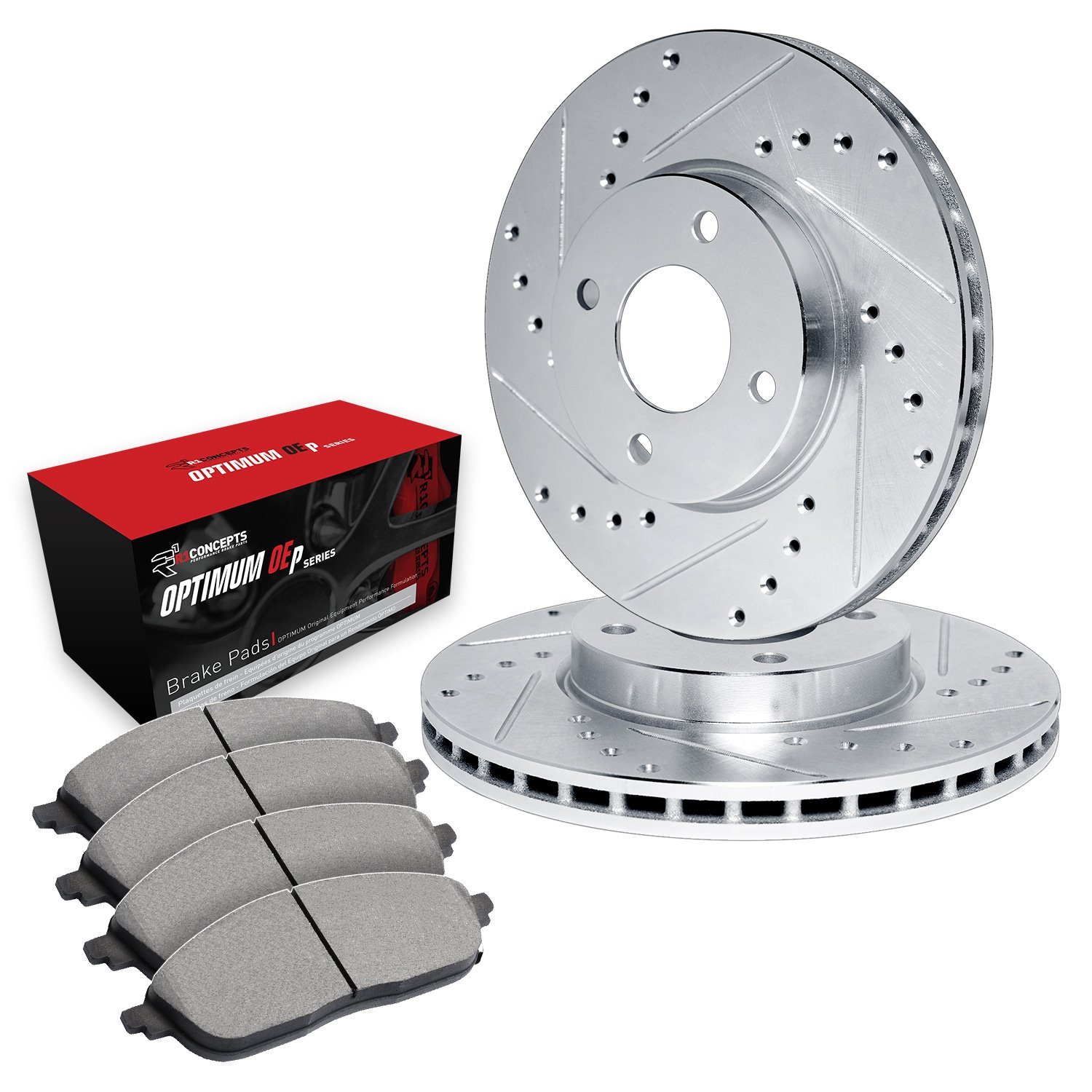 E-Line Drilled & Slotted Silver Brake Rotor Set w/Optimum OE Pads, 1984-1985 Infiniti/Nissan, Position: Front