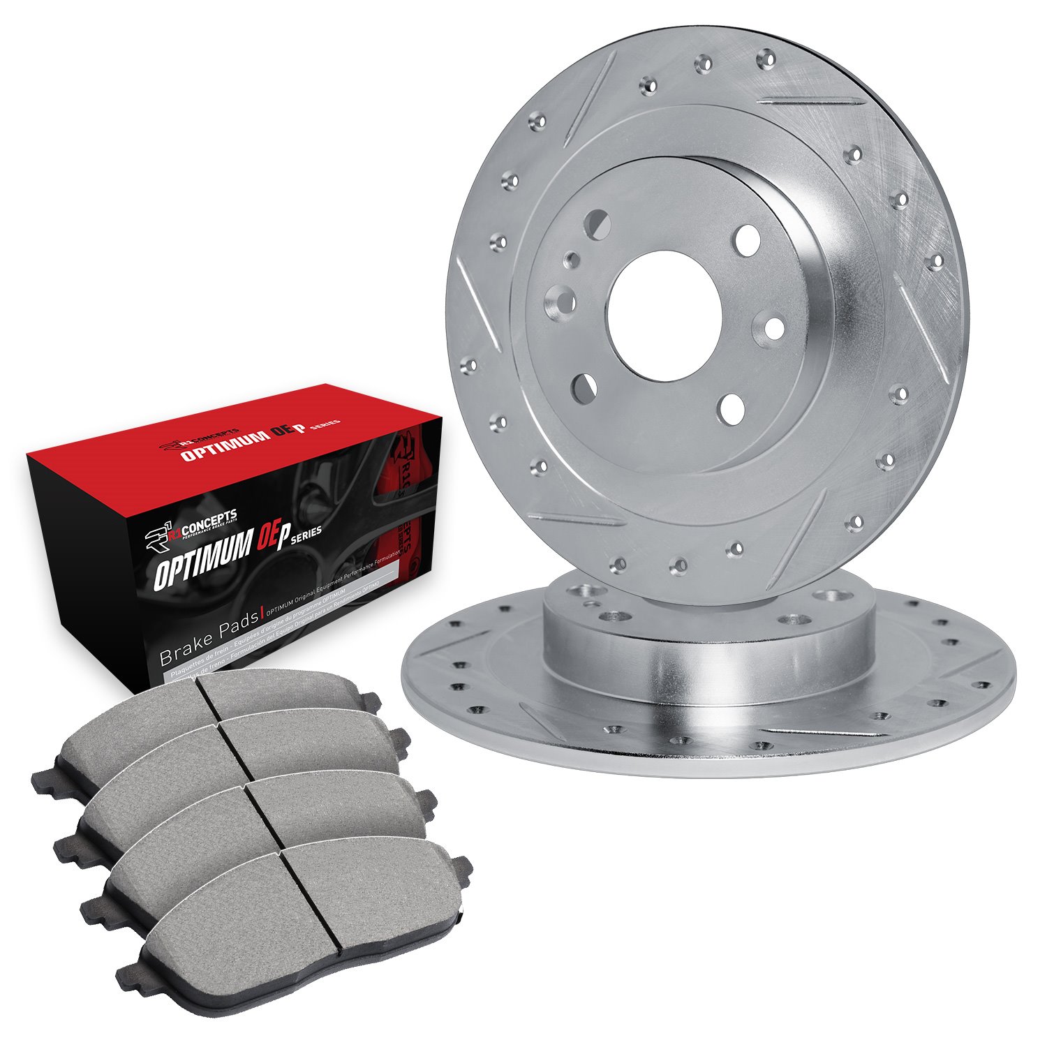 E-Line Drilled & Slotted Silver Brake Rotor Set w/Optimum OE Pads, 1983-1985 Audi/Porsche/Volkswagen, Position: Front