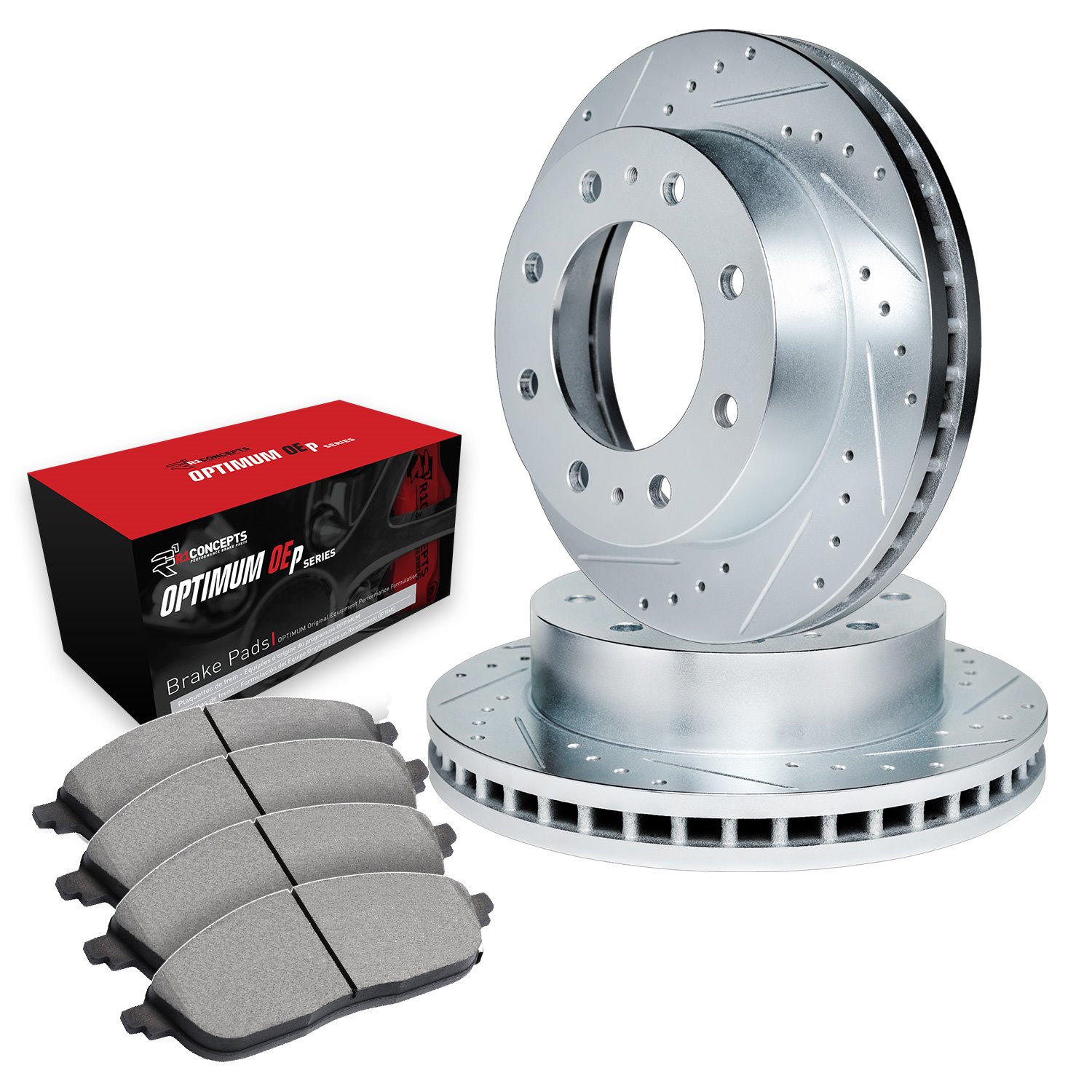 E-Line Drilled & Slotted Silver Brake Rotor Set w/Optimum OE Pads, 1999-1999 Ford/Lincoln/Mercury/Mazda, Position: Front