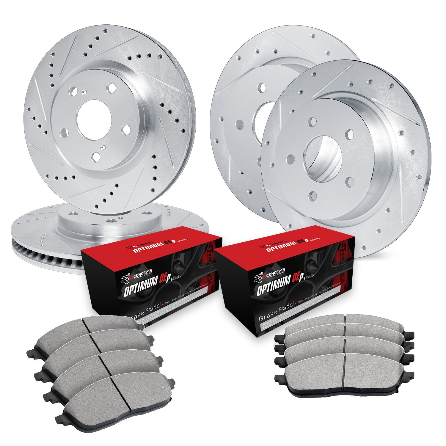 E-Line Drilled & Slotted Silver Brake Rotor Set w/Optimum OE Pads, 1993-1993 Mopar, Position: Front & Rear