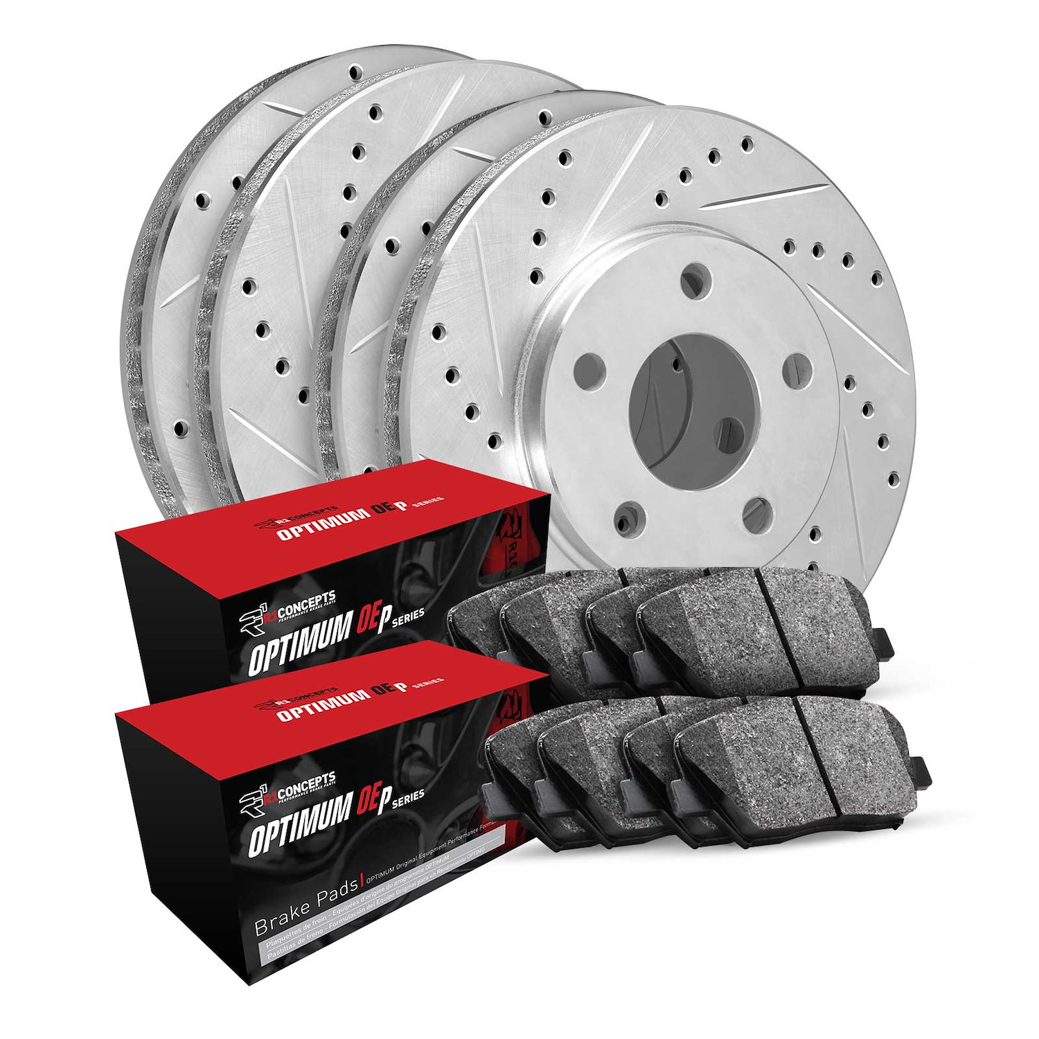 E-Line Drilled & Slotted Silver Brake Rotor Set w/Optimum OE Pads, 2016-2019 GM, Position: Front & Rear
