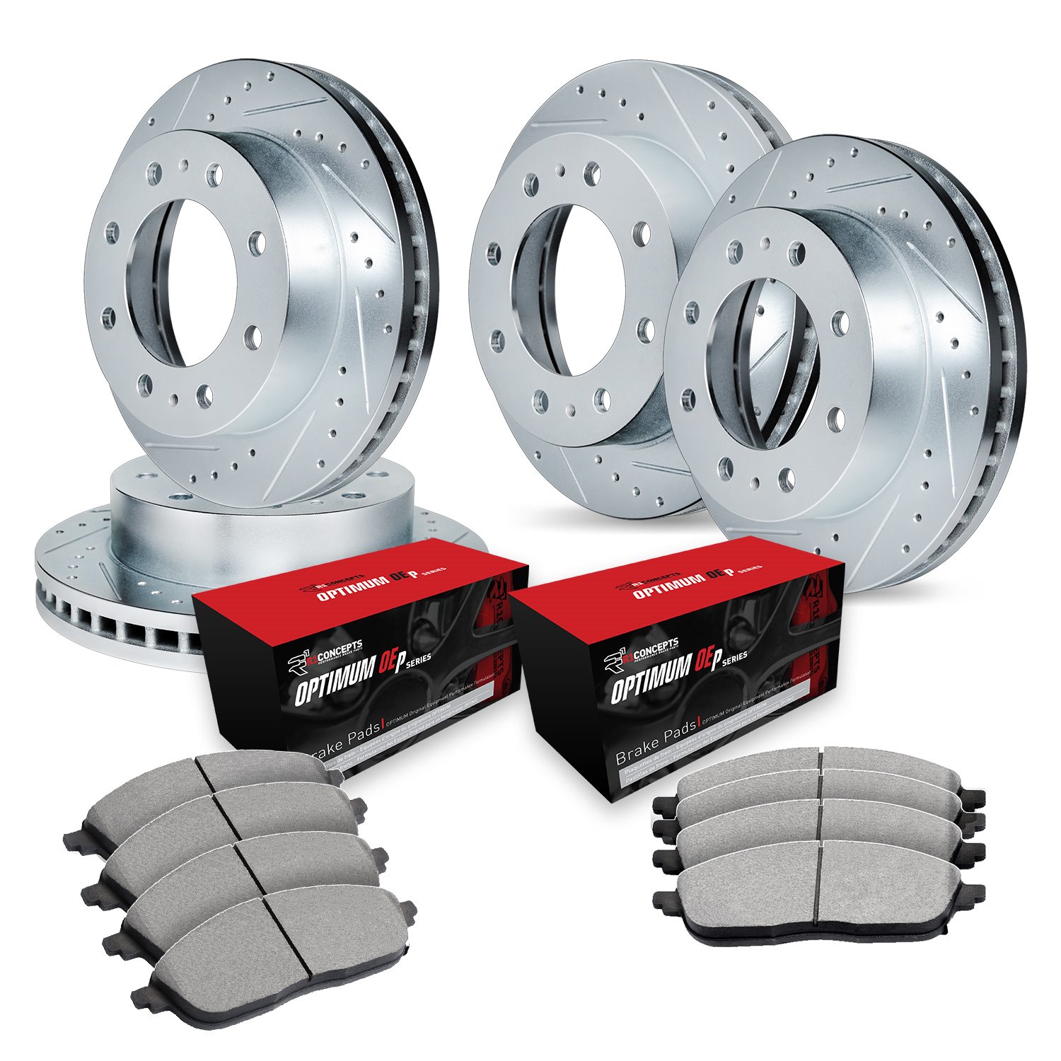 E-Line Drilled & Slotted Silver Brake Rotor Set w/Optimum OE Pads, 1999-2000 Ford/Lincoln/Mercury/Mazda, Position: Front & Rear