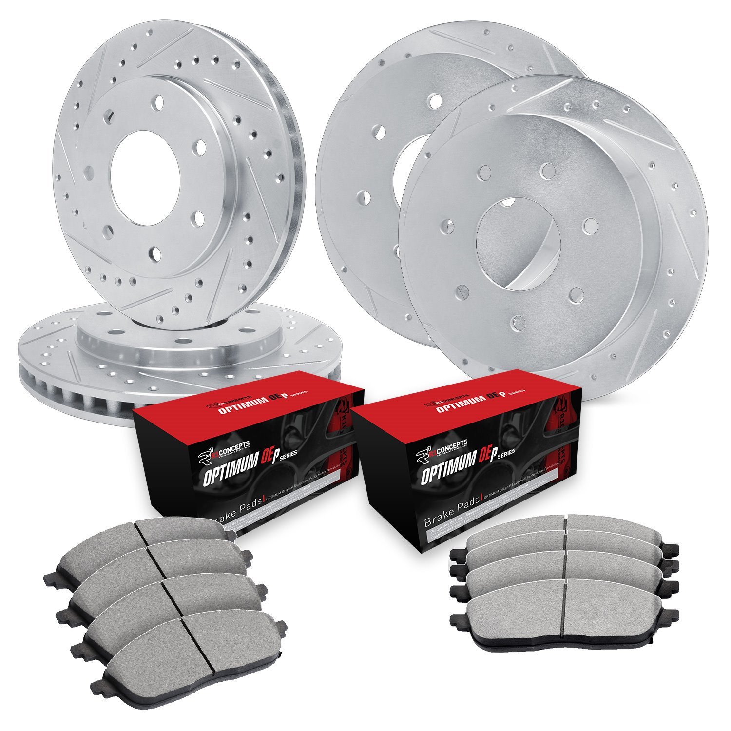 E-Line Drilled & Slotted Silver Brake Rotor Set w/Optimum OE Pads, 1997-2002 Ford/Lincoln/Mercury/Mazda, Position: Front & Rear