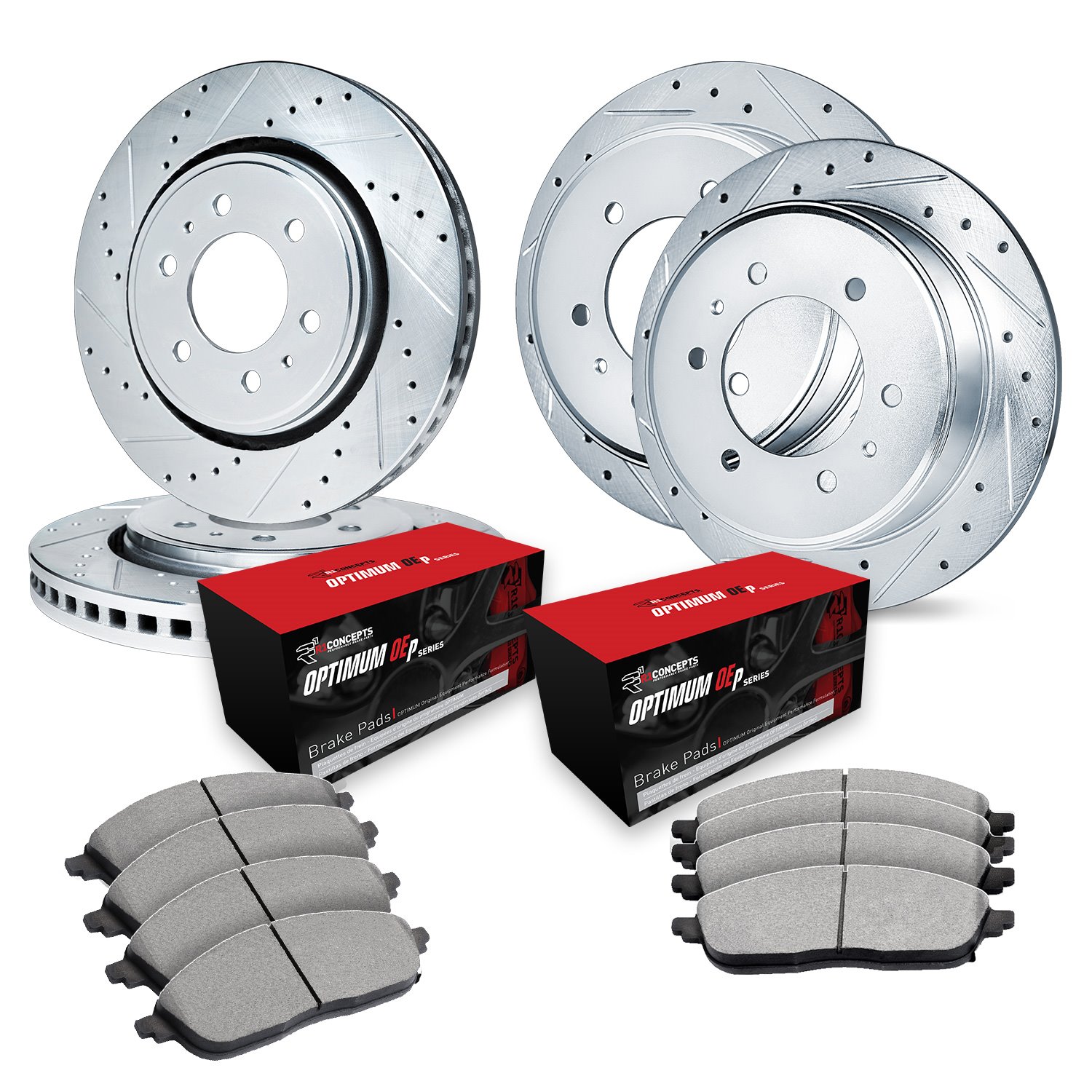 E-Line Drilled & Slotted Silver Brake Rotor Set w/Optimum OE Pads, 1998-2000 Mitsubishi, Position: Front & Rear