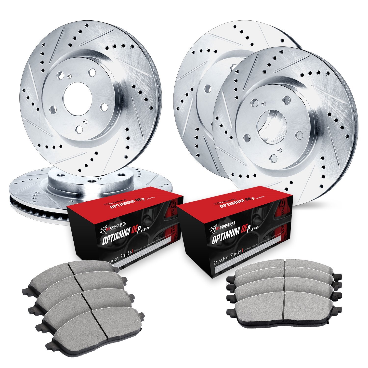 E-Line Drilled & Slotted Silver Brake Rotor Set w/Optimum OE Pads, Fits Select Audi/Porsche/Volkswagen, Position: Front & Rear