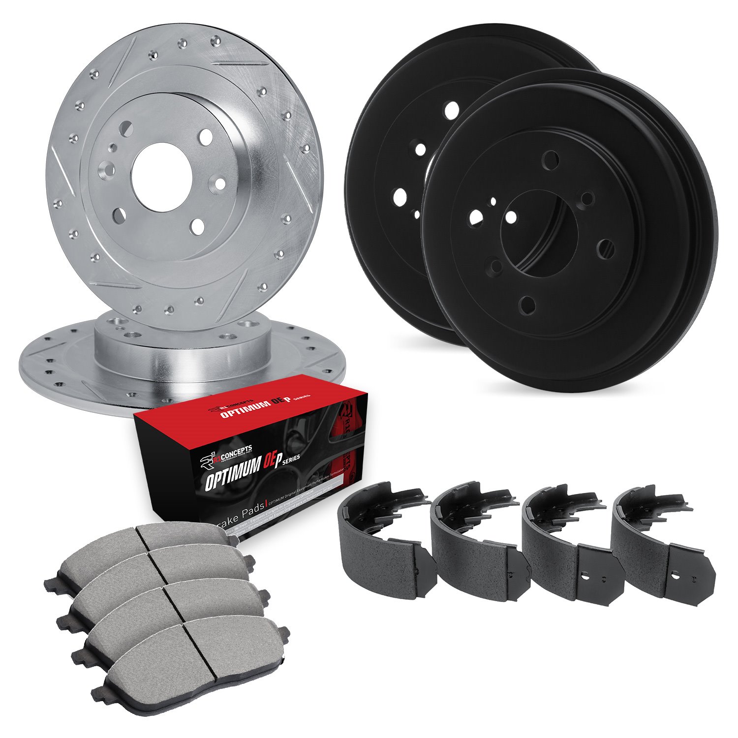 E-Line Drilled & Slotted Silver Brake Rotor & Drum Set w/Optimum OE Pads & Shoes, 1996-1997 Audi/Porsche/Volkswagen