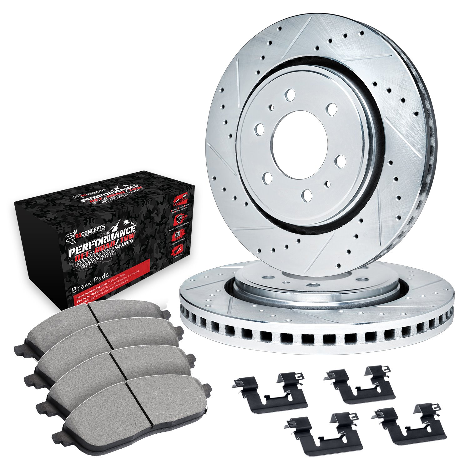 E-Line Drilled & Slotted Silver Brake Rotors w/Performance Off-Road/Tow Pads & Hardware, Fits Select GM, Position: Front
