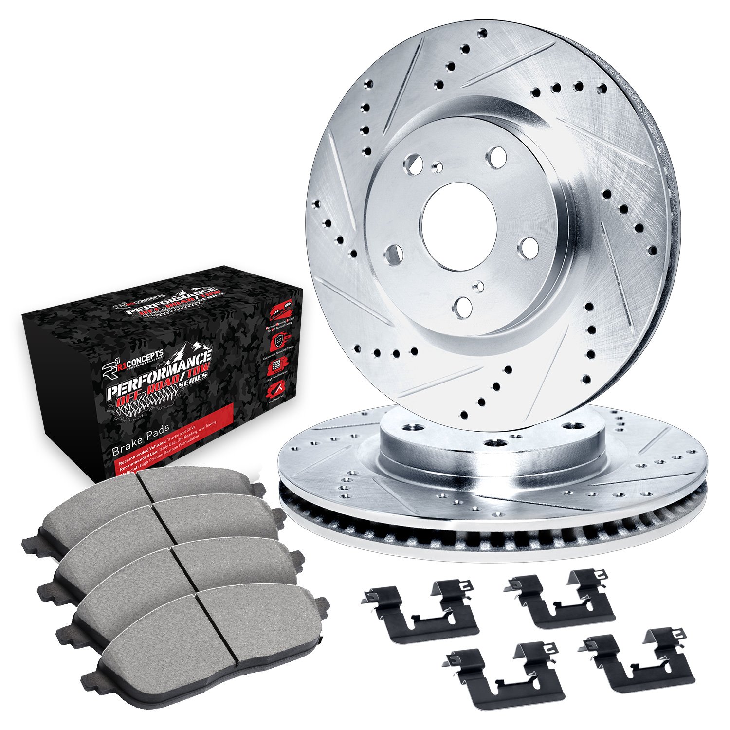 E-Line Drilled & Slotted Silver Rotor Set w/Performance Off-Road/Tow Pads & Hardware, 1994-1995 Ford/Lincoln/Mercury/Mazda
