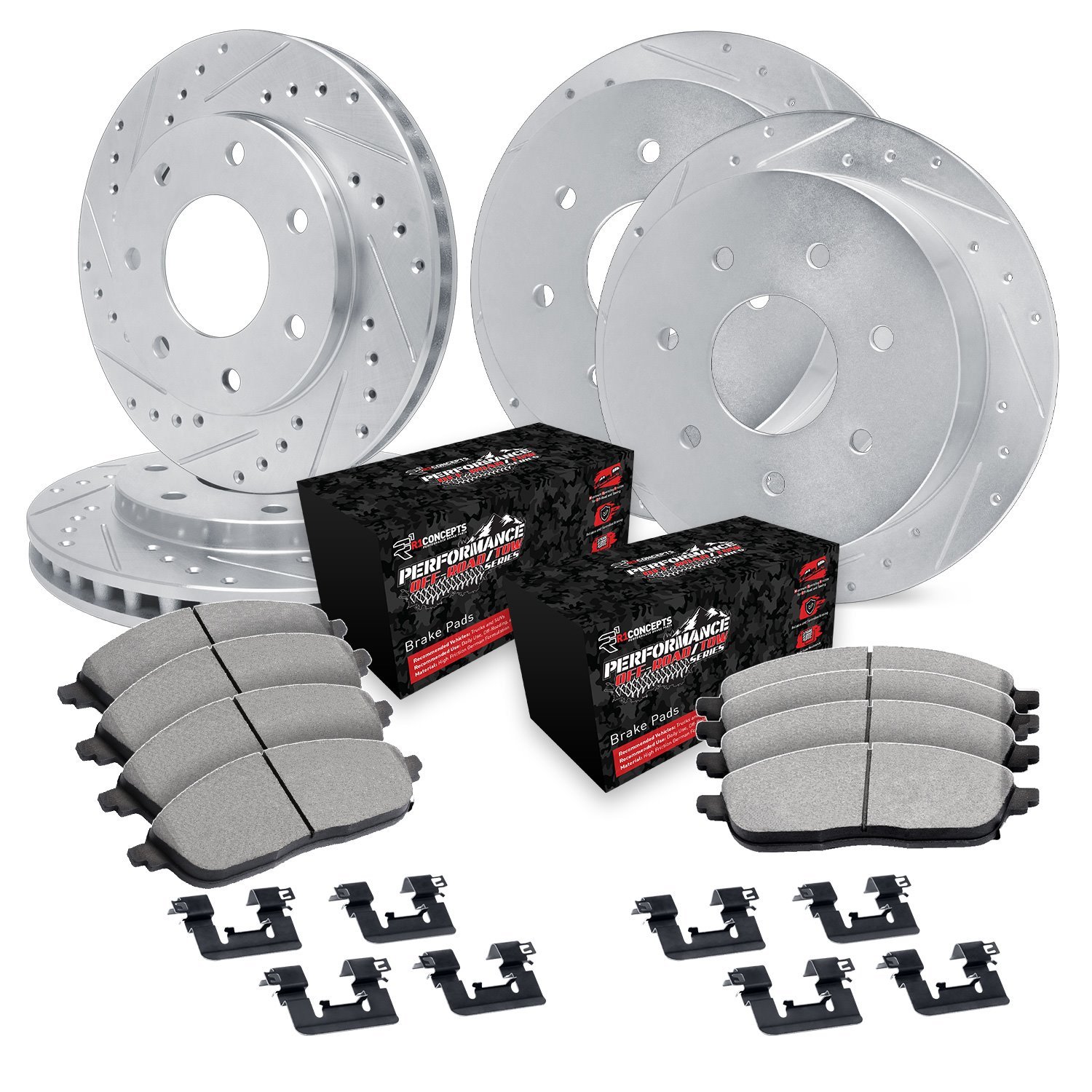E-Line Drilled & Slotted Silver Rotor Set w/Performance Off-Road/Tow Pads & Hardware, 1997-2002 Ford/Lincoln/Mercury/Mazda