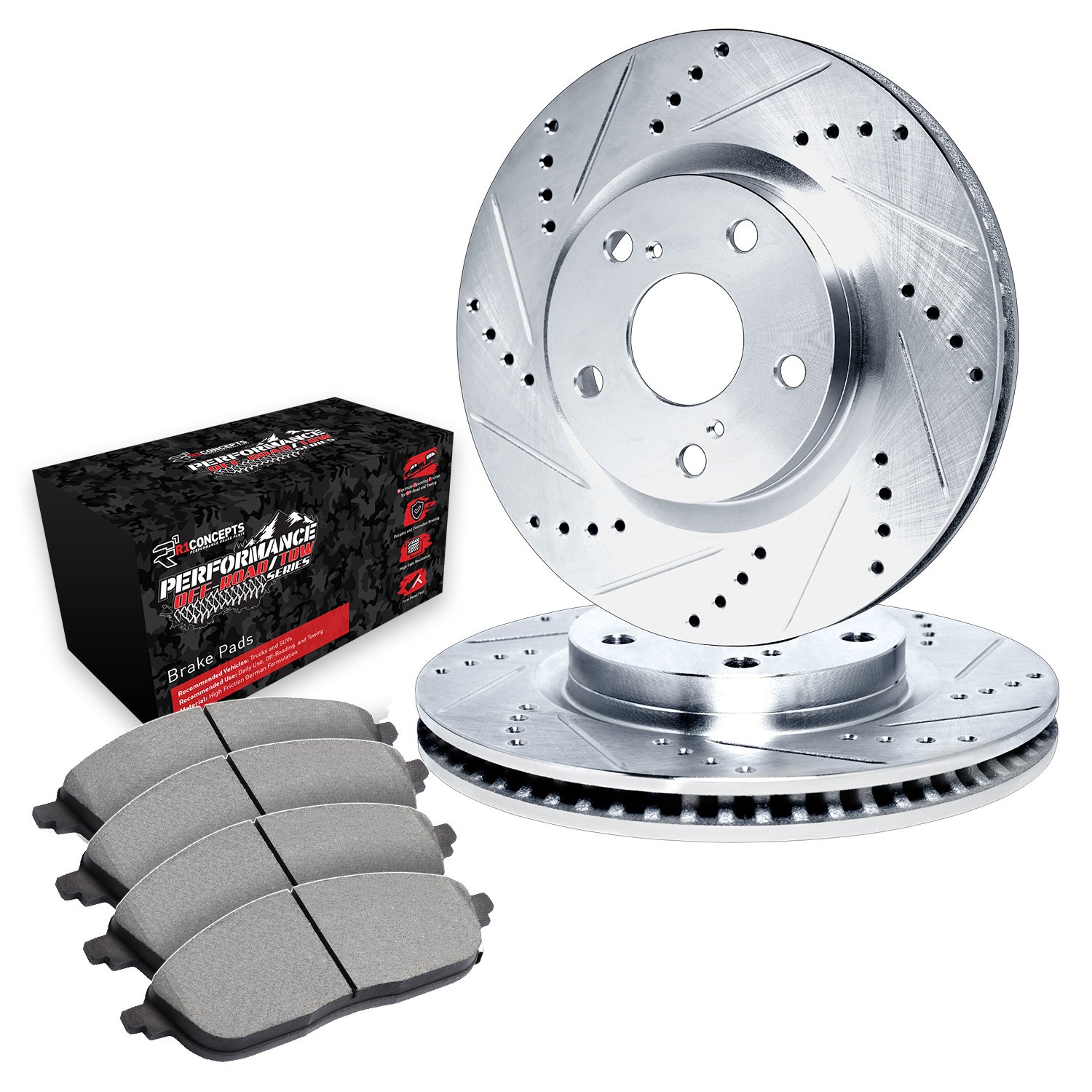E-Line Drilled & Slotted Silver Brake Rotor Set w/Performance Off-Road/Tow Pads, 2012-2020 Tesla, Position: Rear