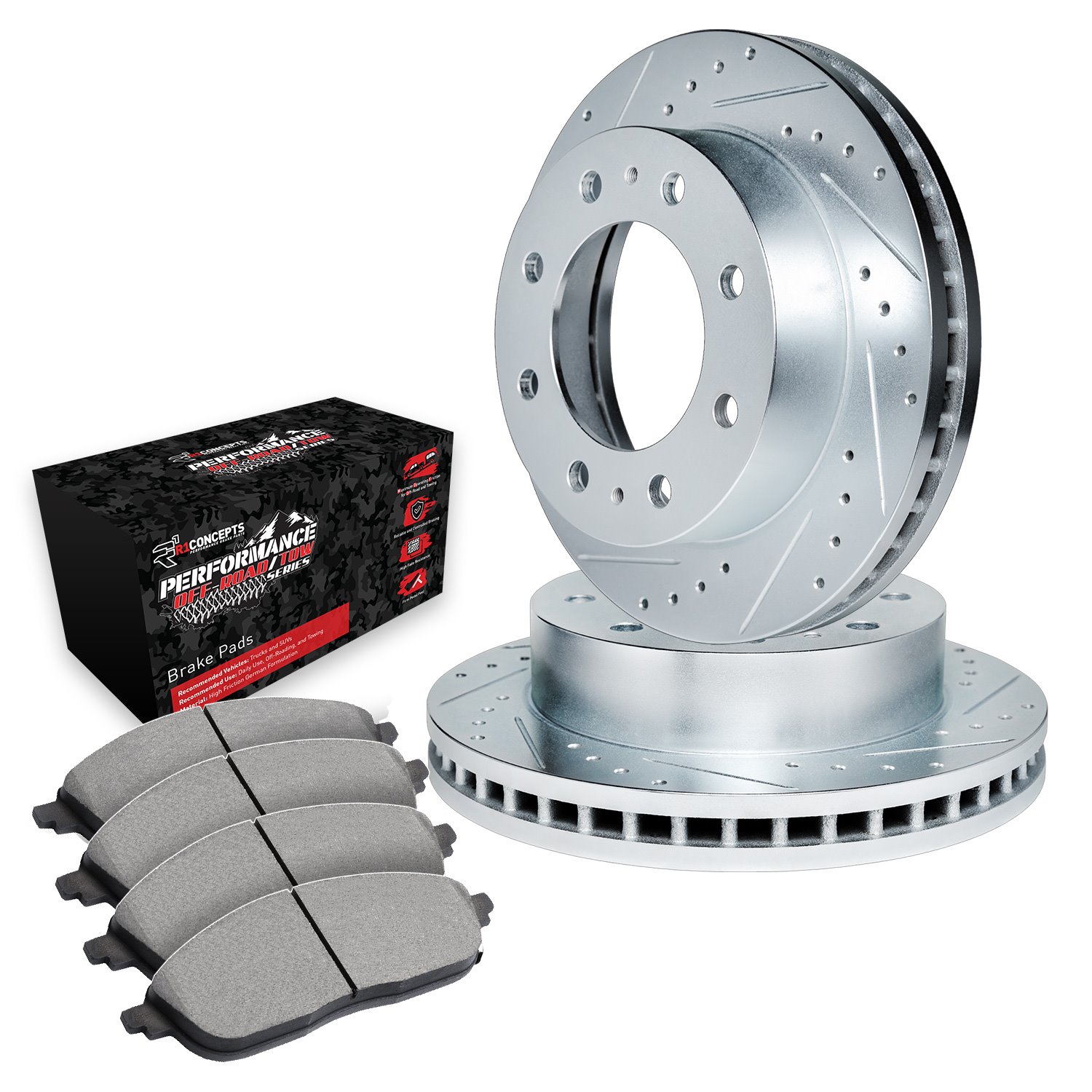 E-Line Drilled & Slotted Silver Brake Rotor Set w/Performance Off-Road/Tow Pads, 2000-2002 Mopar, Position: Front