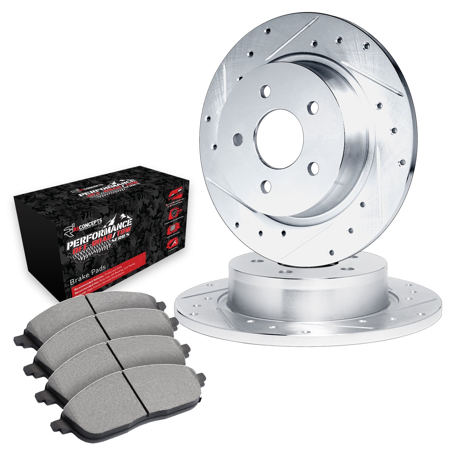 E-Line Drilled & Slotted Silver Brake Rotor Set w/Performance Off-Road/Tow Pads, 2005-2010 Mopar, Position: Rear
