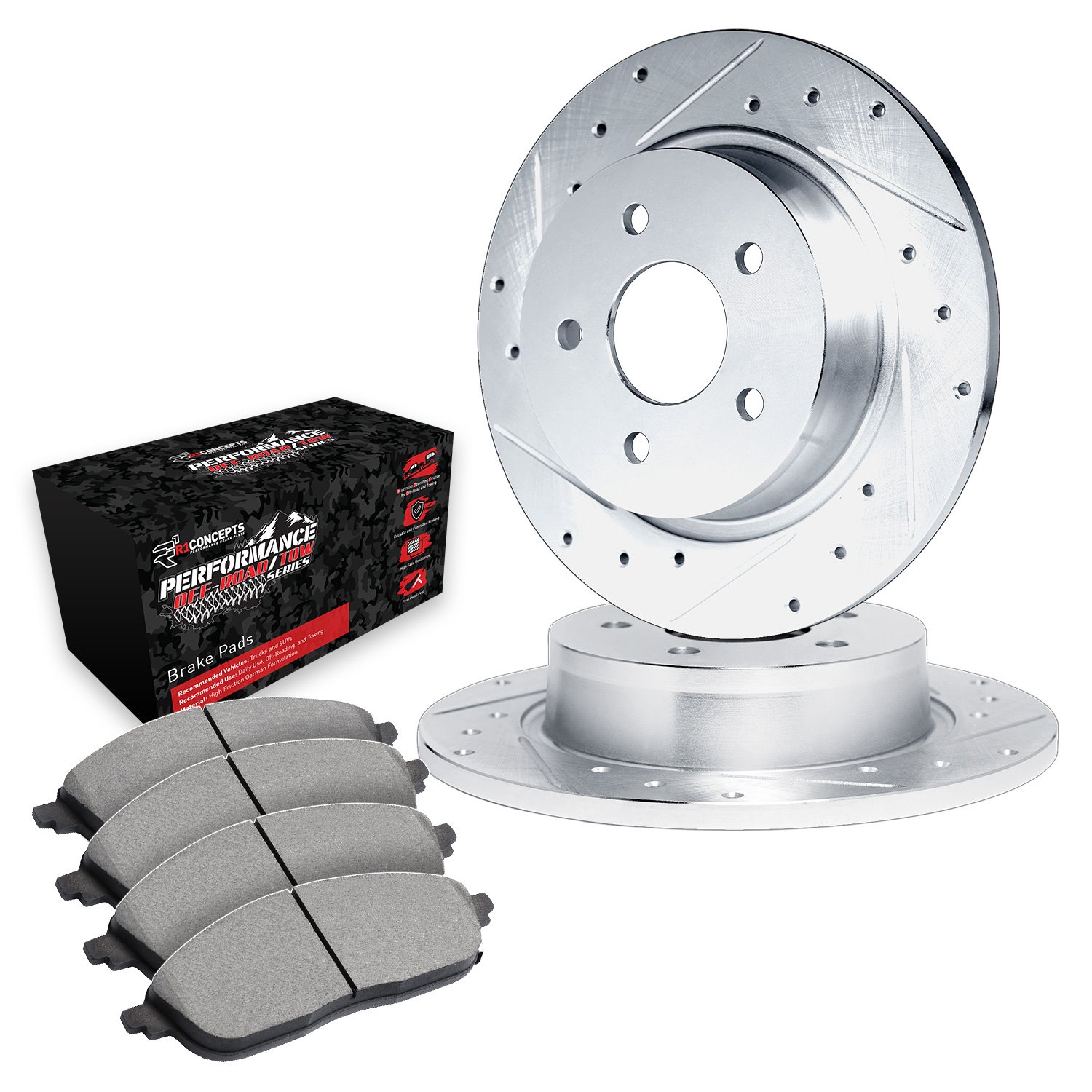 E-Line Drilled & Slotted Silver Brake Rotor Set w/Performance Off-Road/Tow Pads, Fits Select Mopar, Position: Rear