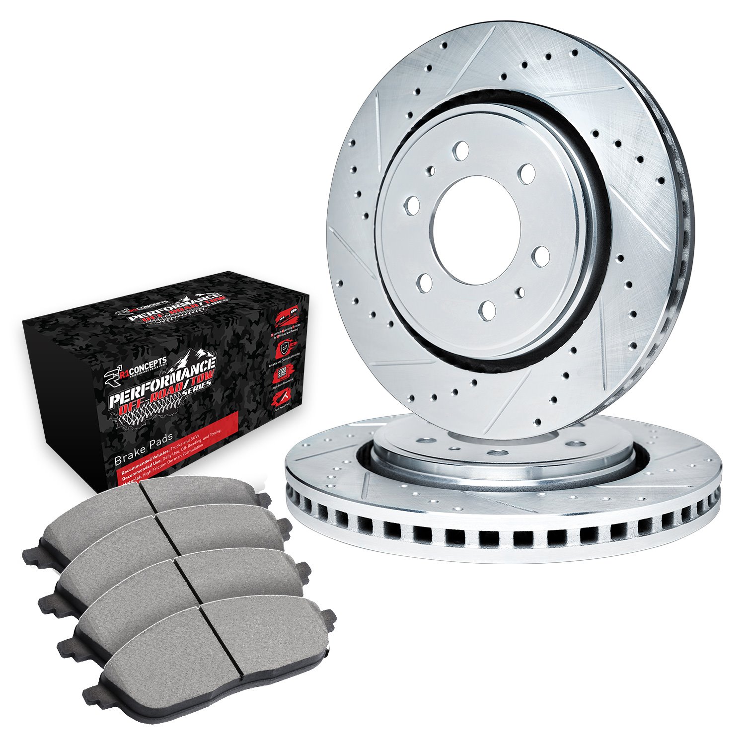 E-Line Drilled & Slotted Silver Brake Rotor Set w/Performance Off-Road/Tow Pads, 1988-2000 GM, Position: Front