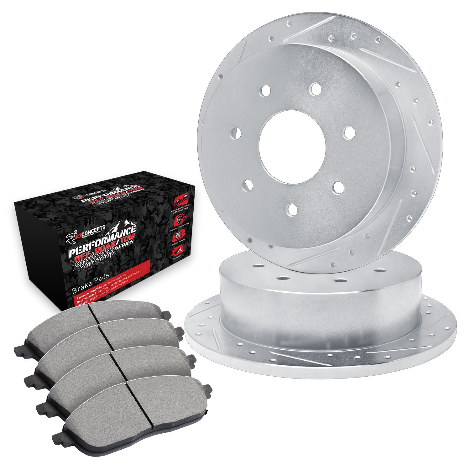 E-Line Drilled & Slotted Silver Brake Rotor Set w/Performance Off-Road/Tow Pads, 1997-2004 Ford/Lincoln/Mercury/Mazda