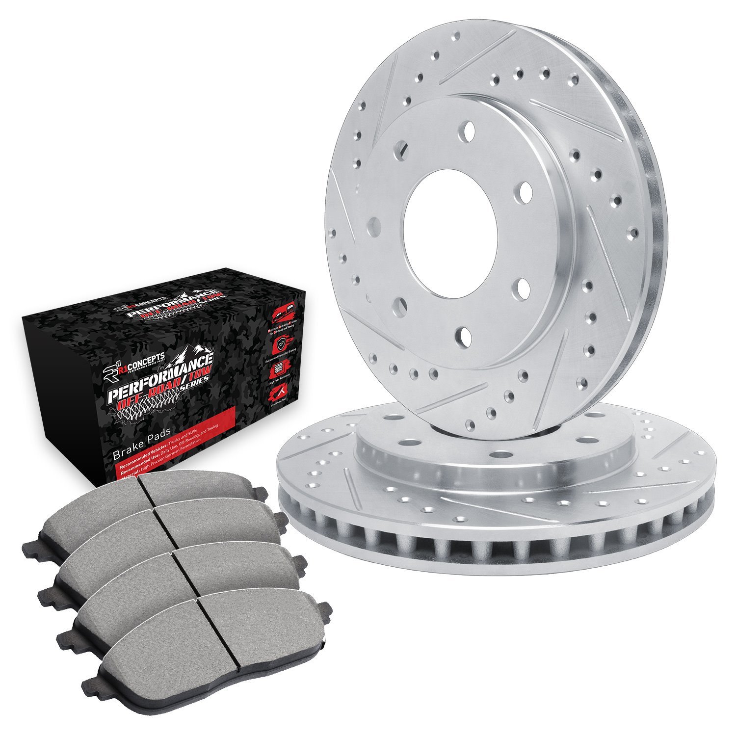 E-Line Drilled & Slotted Silver Brake Rotor Set w/Performance Off-Road/Tow Pads, 1997-2004 Ford/Lincoln/Mercury/Mazda