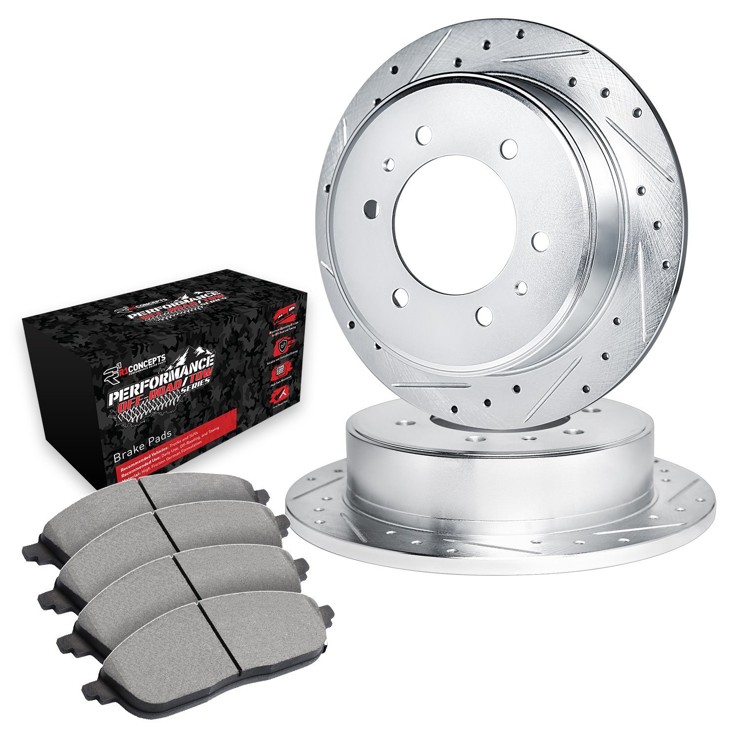 E-Line Drilled & Slotted Silver Brake Rotor Set w/Performance Off-Road/Tow Pads, 2004-2015 Infiniti/Nissan, Position: Rear