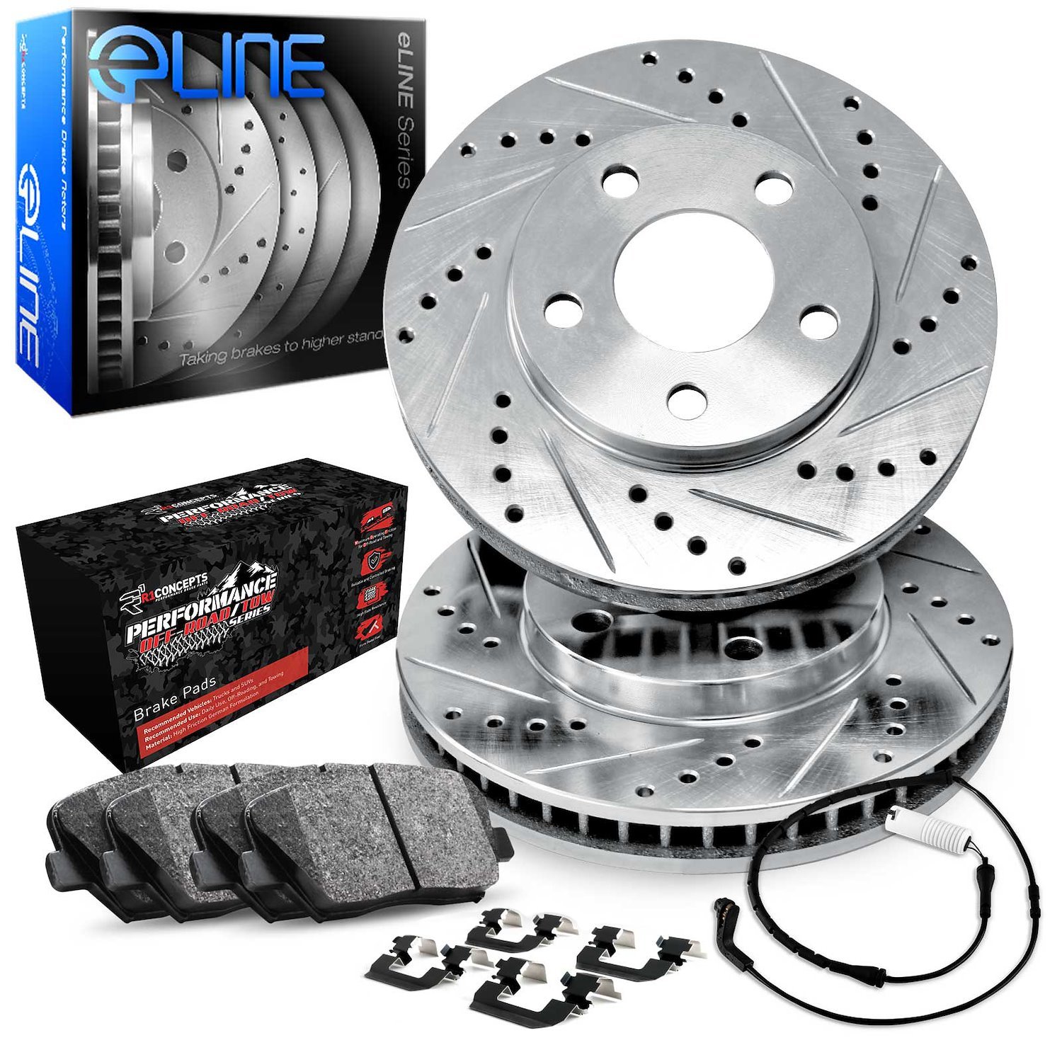 E-Line Drilled & Slotted Silver Brake Rotor Set w/Performance Off-Road/Tow Pads, Sensor, & Hardware, Fits Select GM
