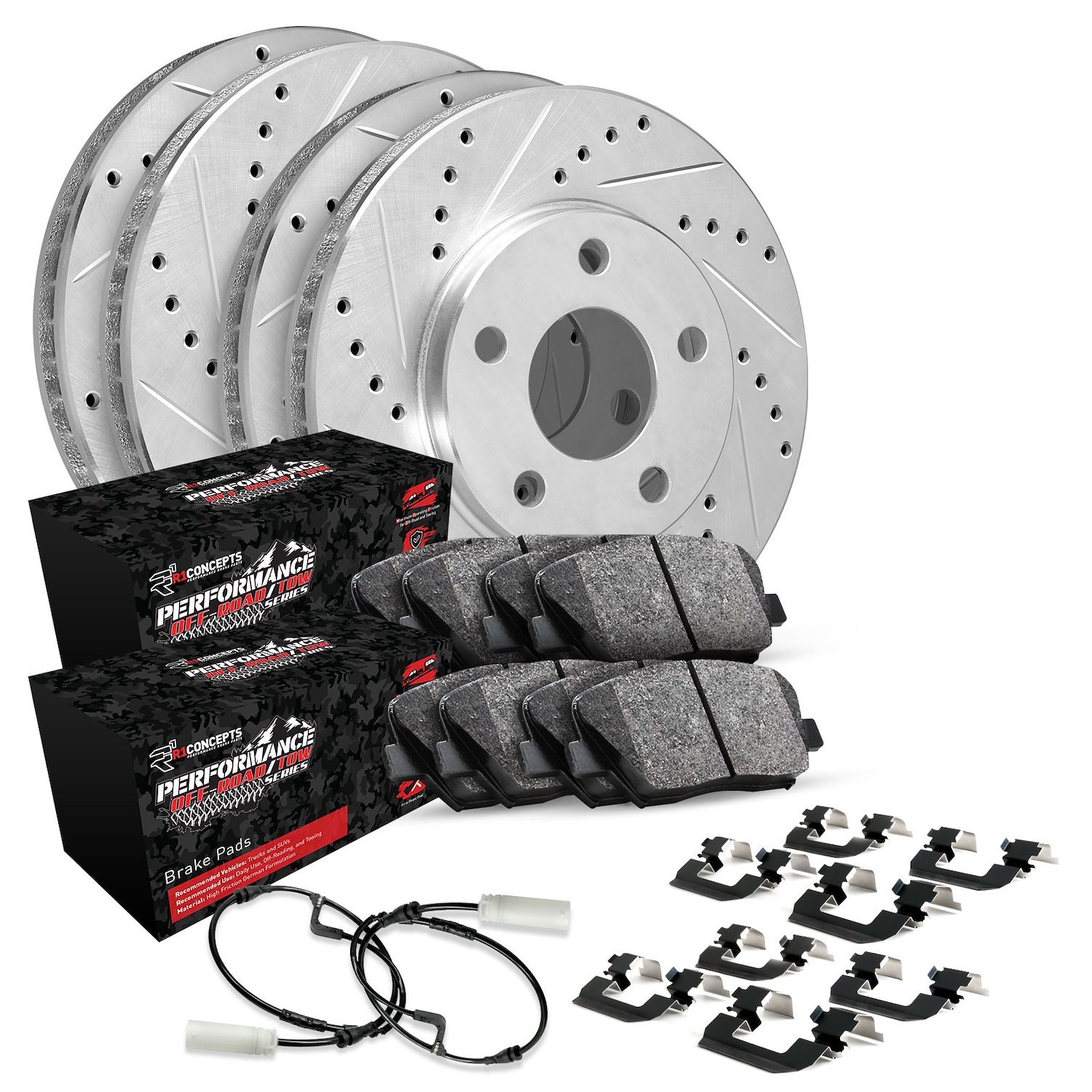 E-Line Drilled & Slotted Silver Brake Rotor Set w/Performance Off-Road/Tow Pads, Sensor, & Hardware, Fits Select GM