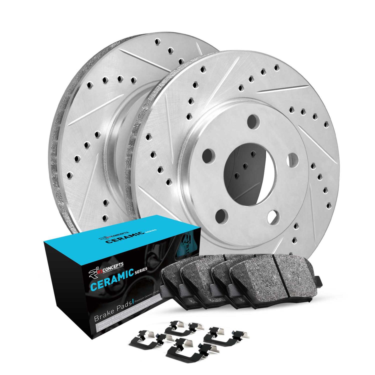 E-Line Drilled & Slotted Silver Brake Rotor w/Ceramic Pads & Hardware, 2006-2012 Fits Multiple Makes/Models, Position: Front